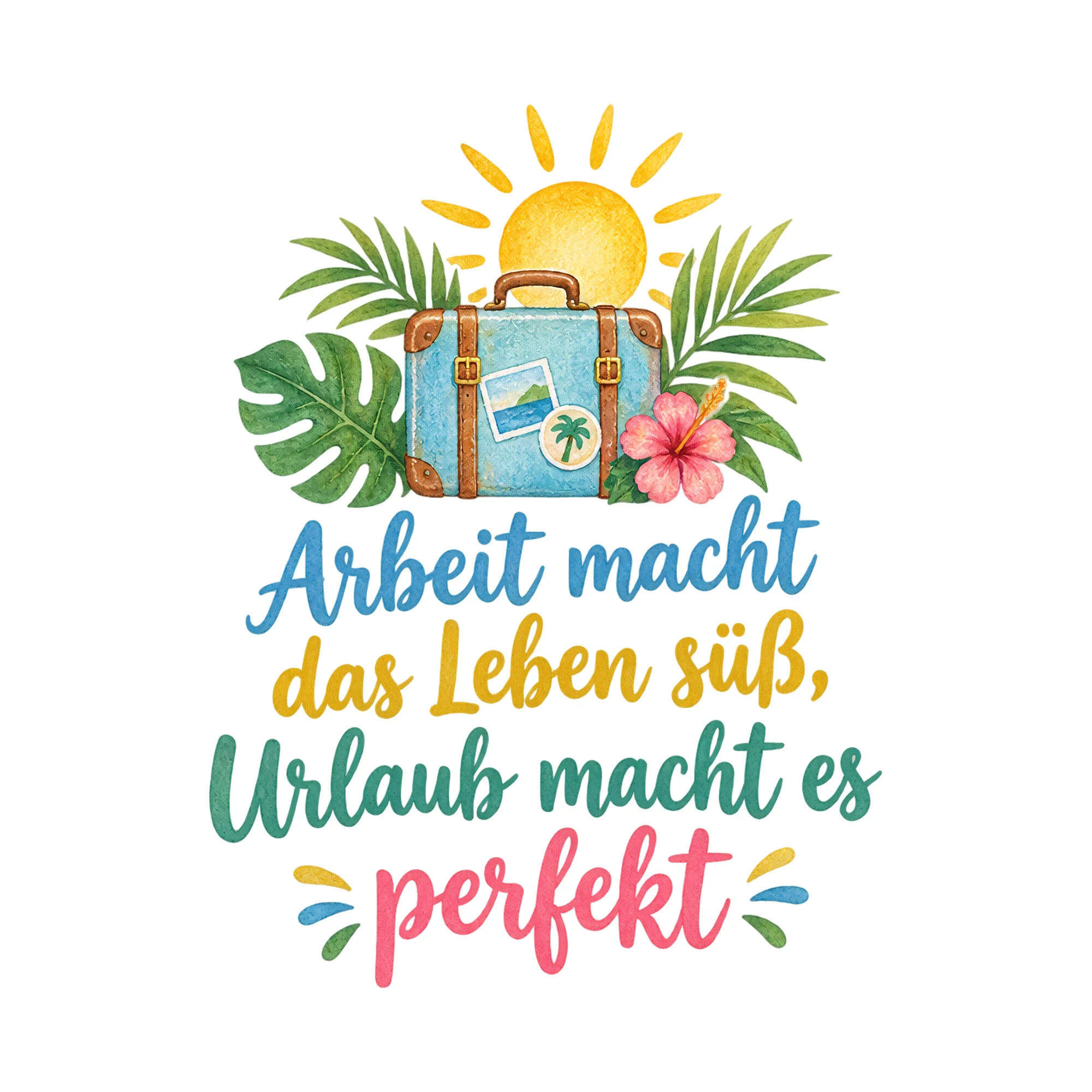 Bügelbild Arbeit macht das Leben süß, Urlaub macht es perfekt, Beruf Shirt Spruch als Grafik auf weißem Hintergrund (BB016621)