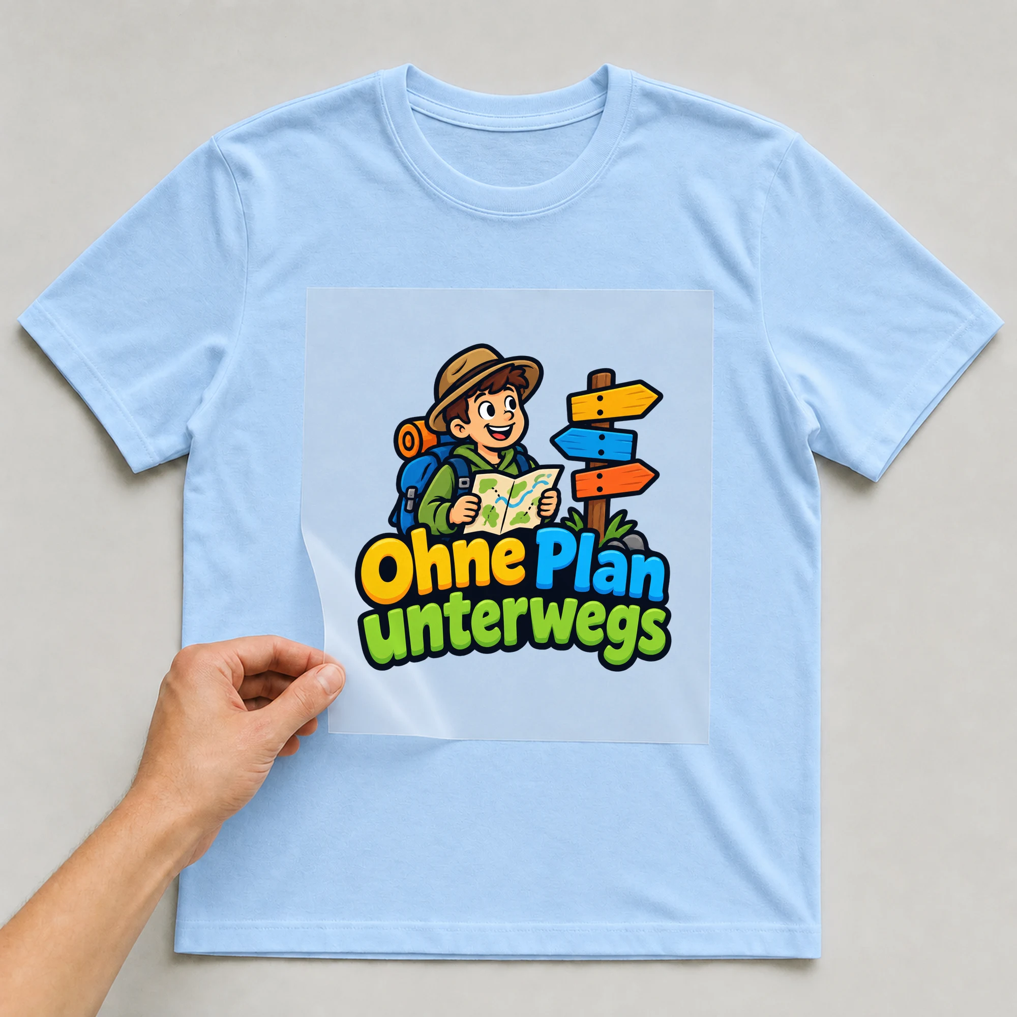 Bügelbild „Ohne plan unterwegs“ auf babyblauem T-Shirt, Folie wird aufgelegt