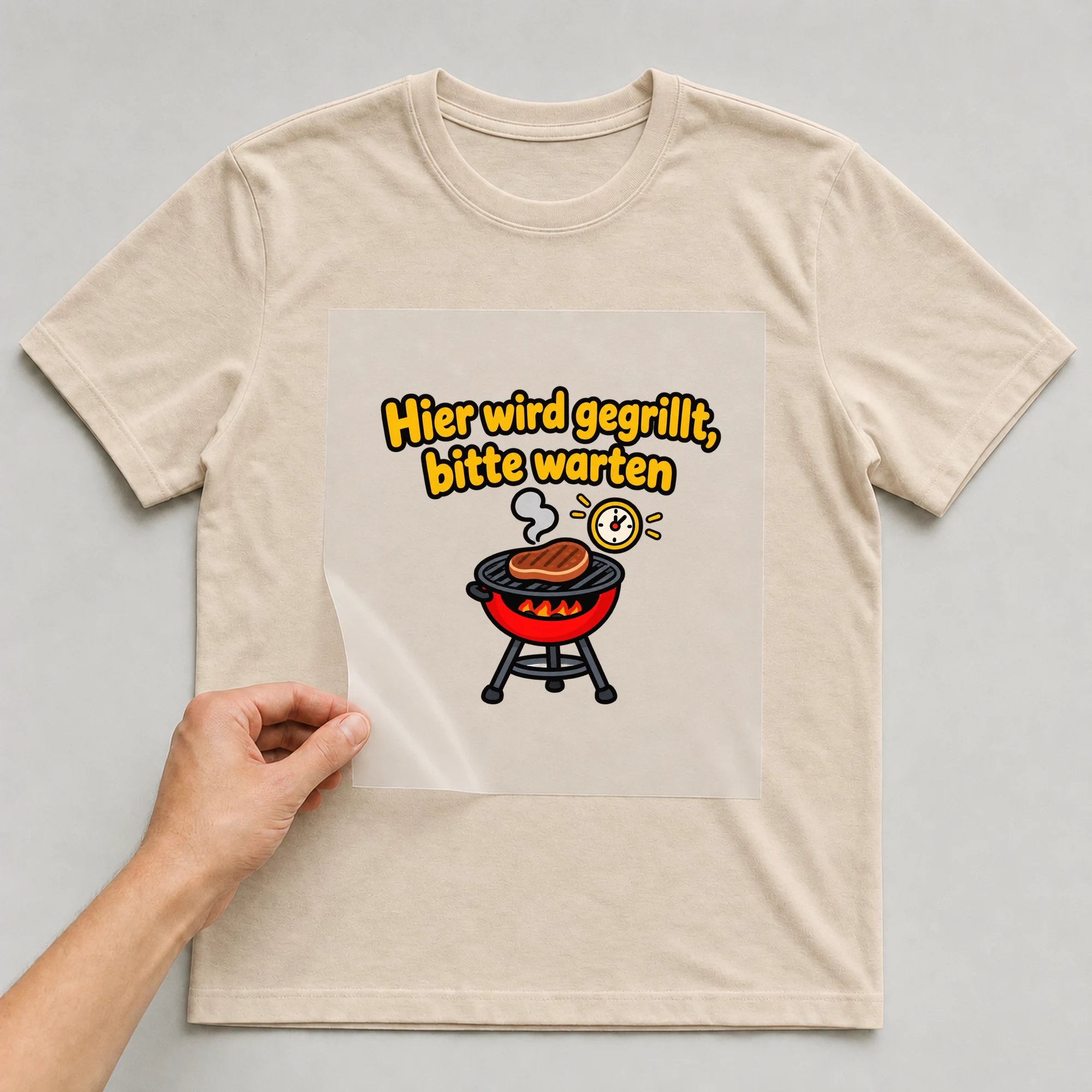 Bügelbild „Hier wird gegrillt, bitte warten“ auf beigem T-Shirt, Folie wird aufgelegt