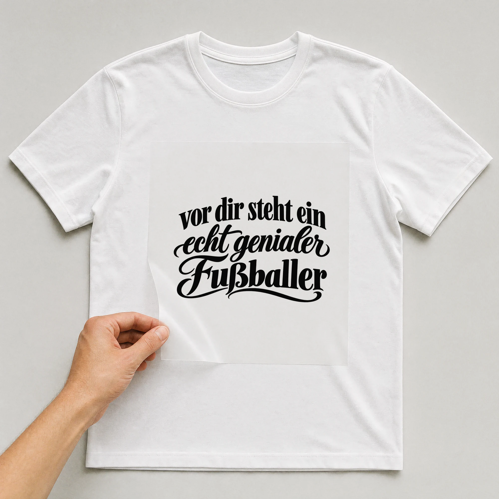 Bügelbild „vor dir steht ein echt genialer Fußballer“ auf weißem T-Shirt, Folie wird aufgelegt