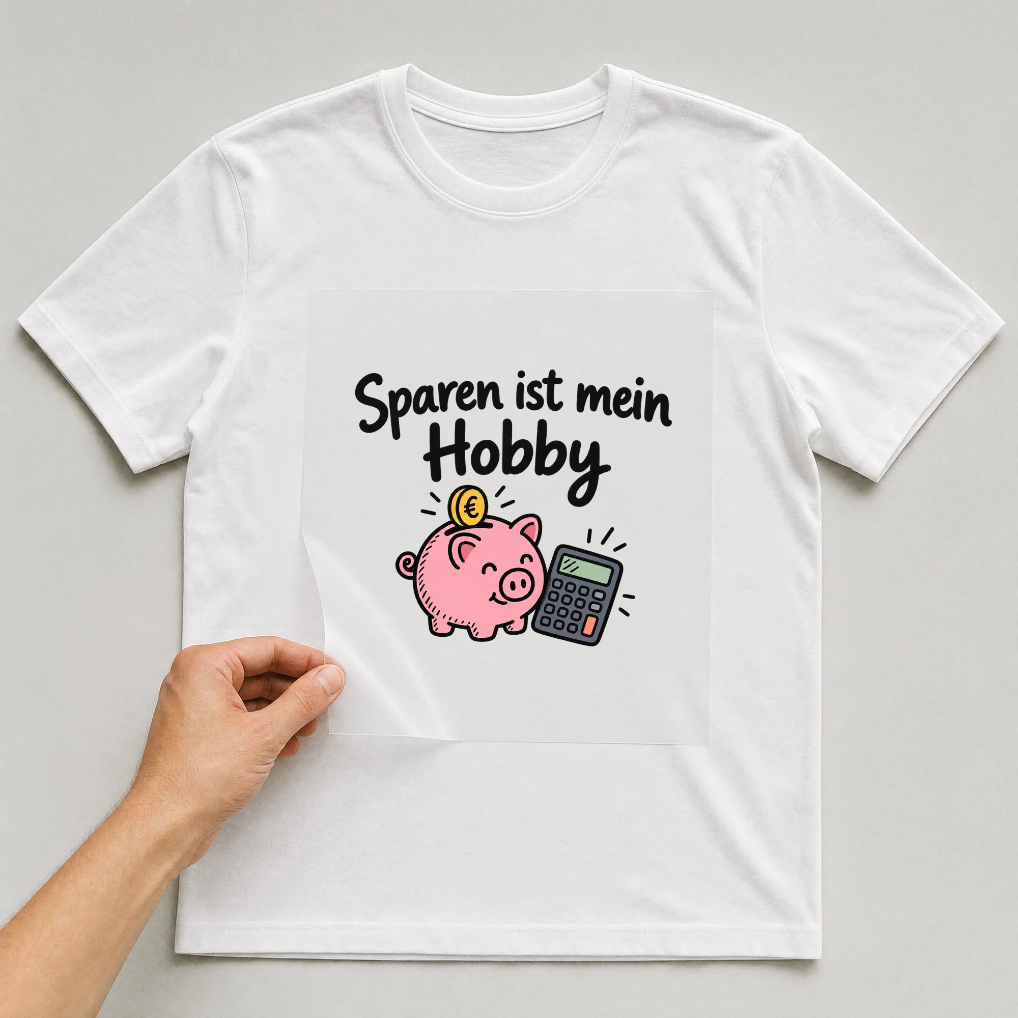 Bügelbild „Sparen ist mein Hobby“ auf weißem T-Shirt, Folie wird aufgelegt