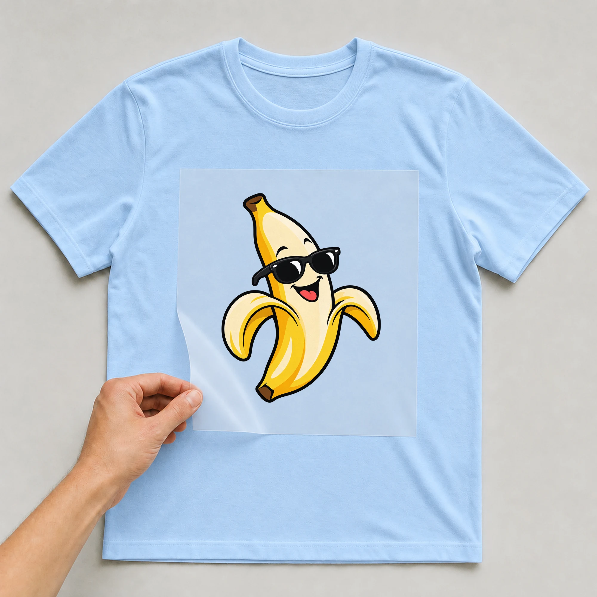 Bügelbild „Banana“ auf babyblauem T-Shirt, Folie wird aufgelegt