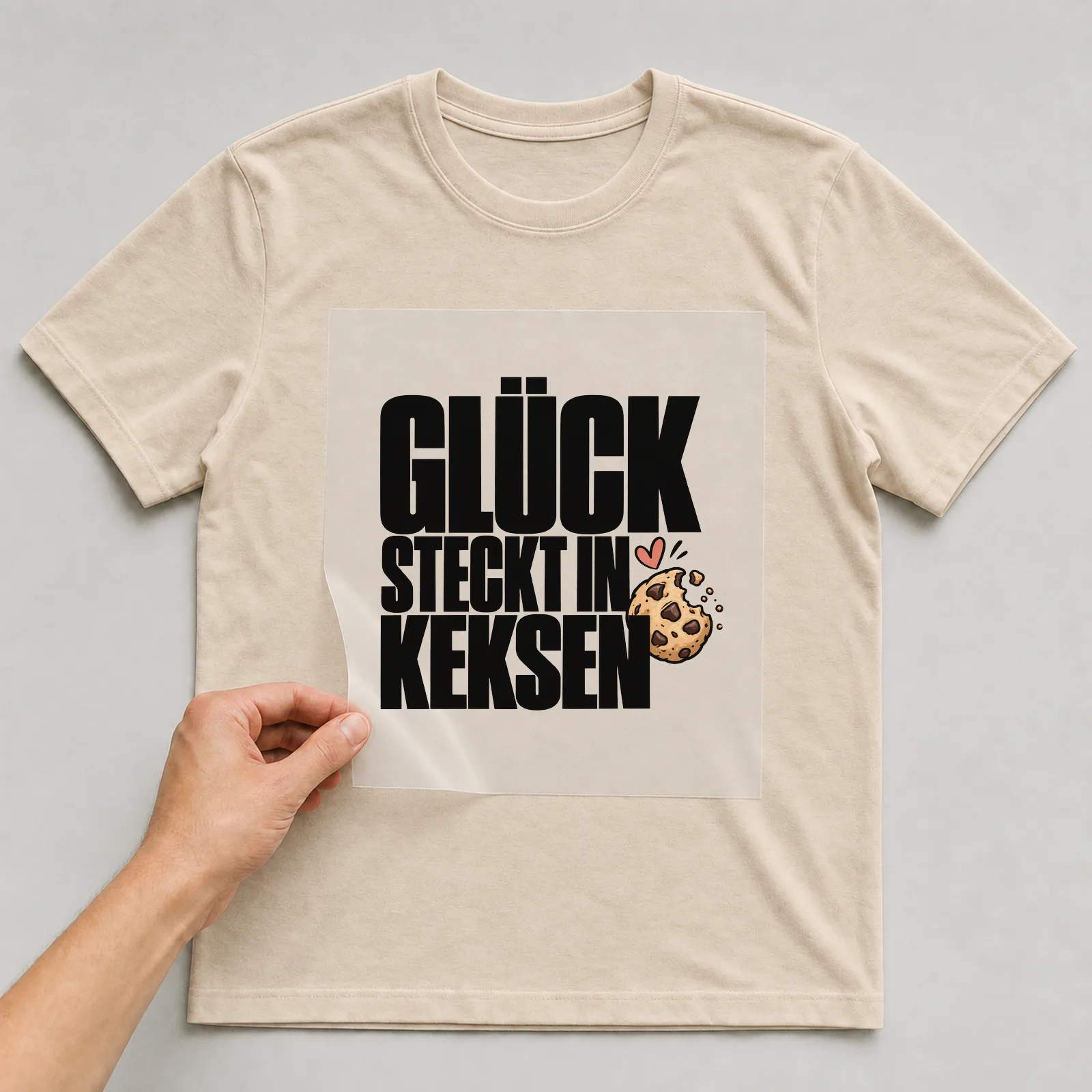 Bügelbild „Glück steckt in Keksen“ auf beigem T-Shirt, Folie wird aufgelegt