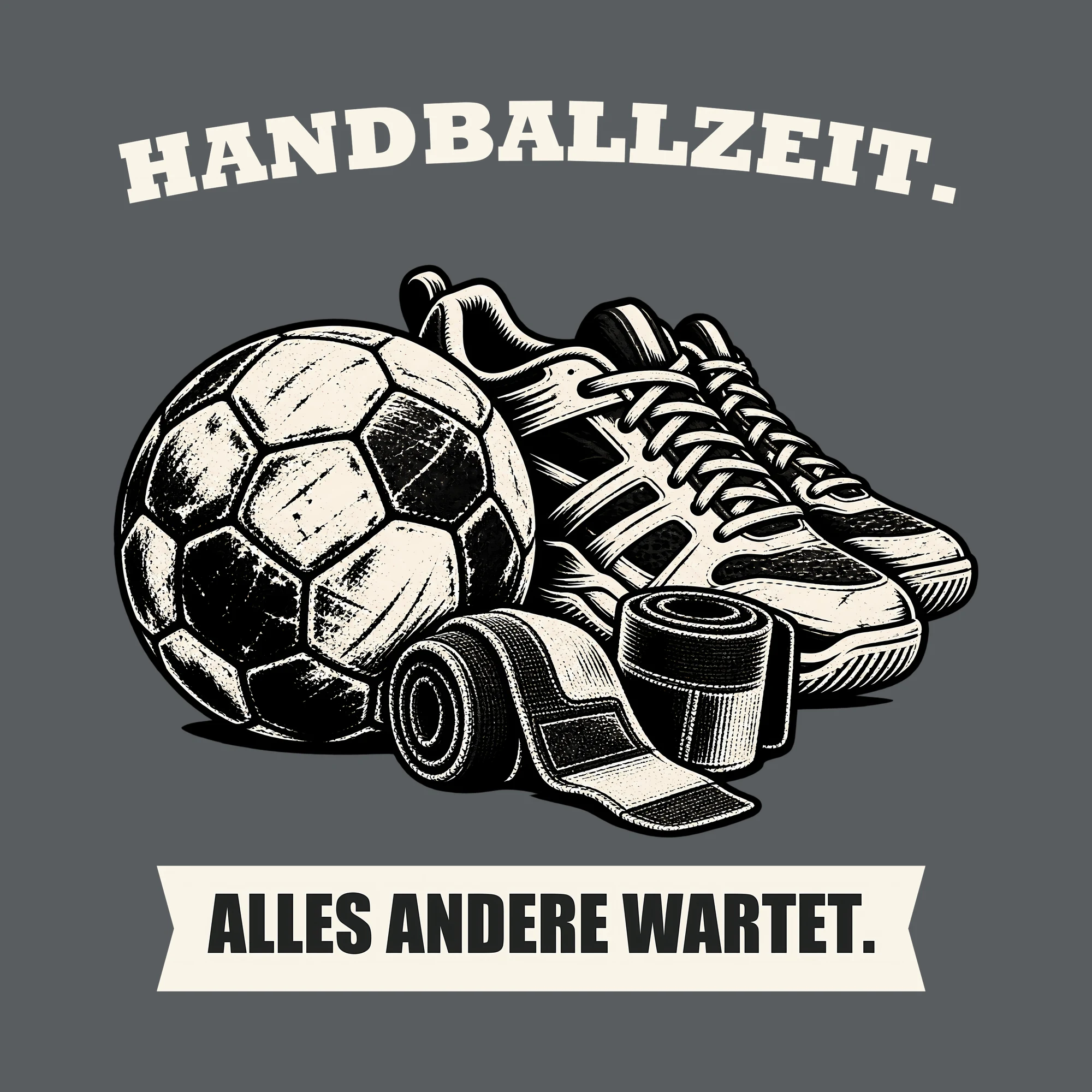 Bügelbild HANDBALLZEIT. ALLES ANDERE WARTET. als Grafik auf dunklem Hintergrund (BB013714)