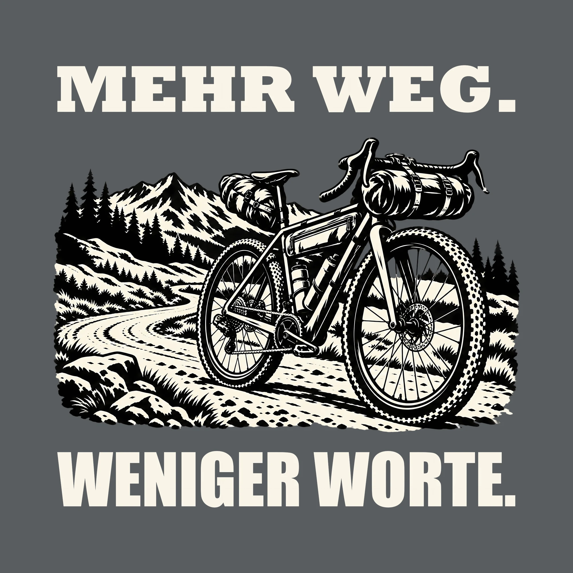 Bügelbild MEHR WEG. WENIGER WORTE. als Grafik auf dunklem Hintergrund (BB013710)