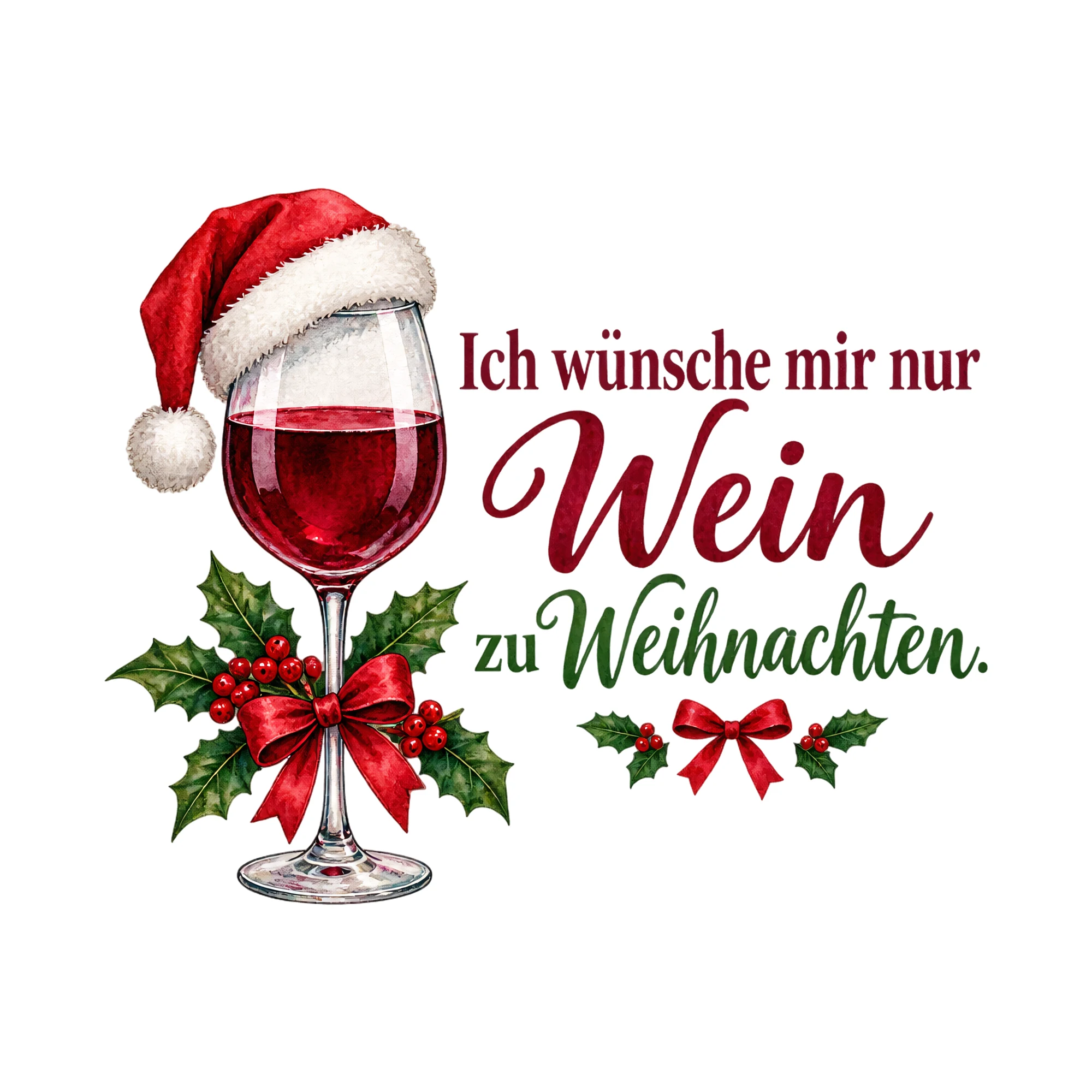 Bügelbild Ich wünsche mir nur Wein zu Weihnachten., Weihnachtspullover Spruch als Grafik auf weißem Hintergrund (BB014817)
