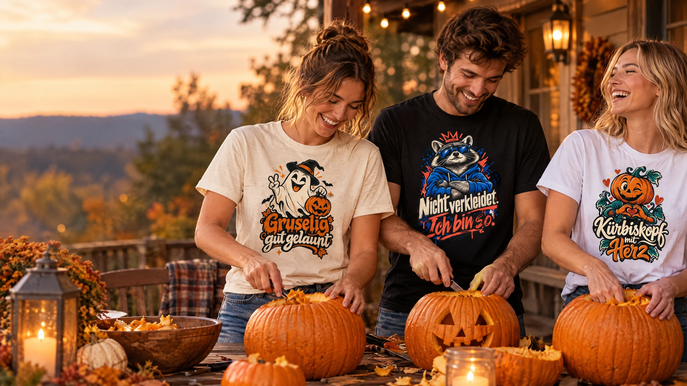 Halloween und Herbst: Familie und Freunde im Herbst mit den Bügelbild-Motiven Gruselig gut gelaunt, Nicht verkleidet. Ich bin so. und Kürbiskopf mit Herz