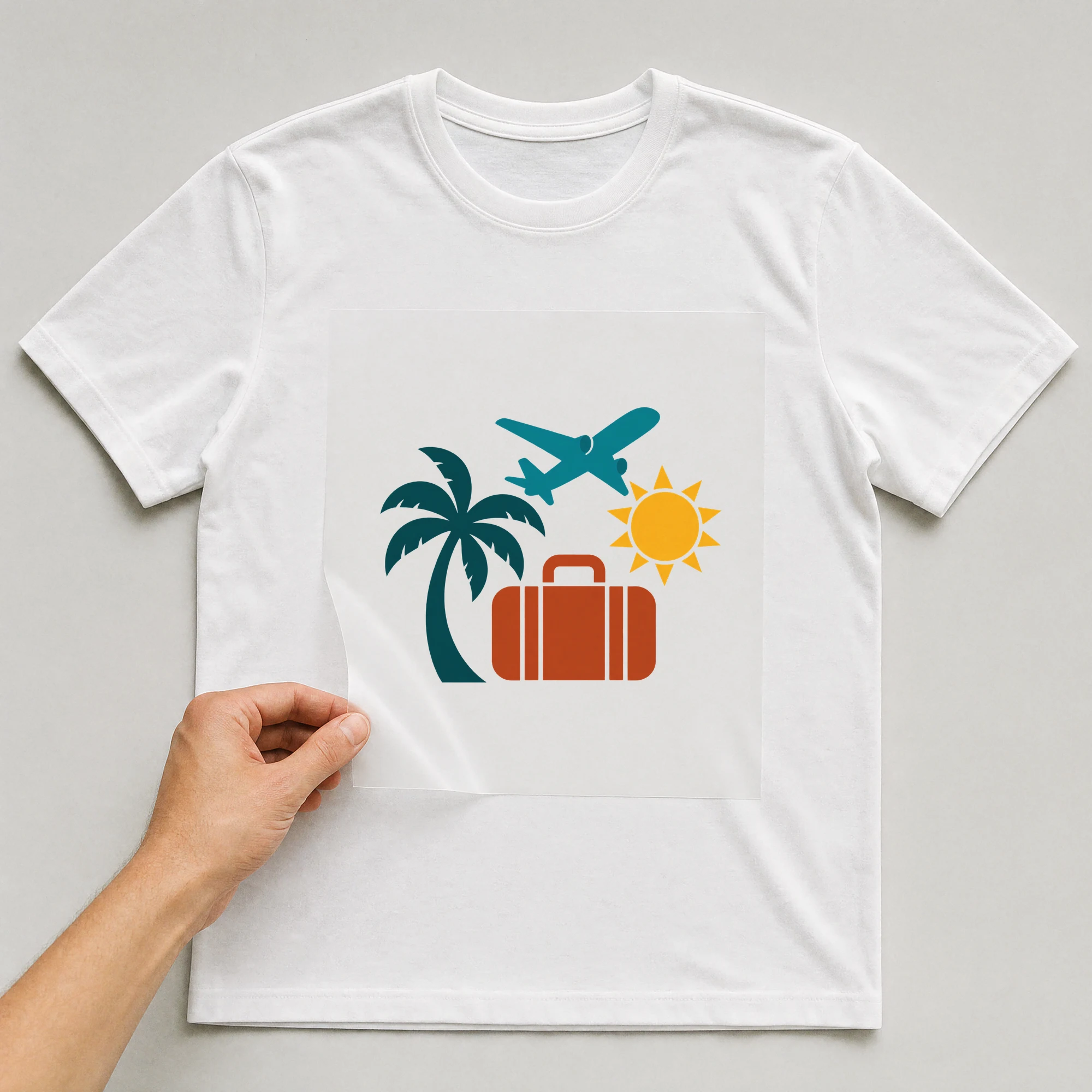 Bügelbild „Urlaub Tourist Reise Symbole Sprache“ auf weißem T-Shirt, Folie wird aufgelegt