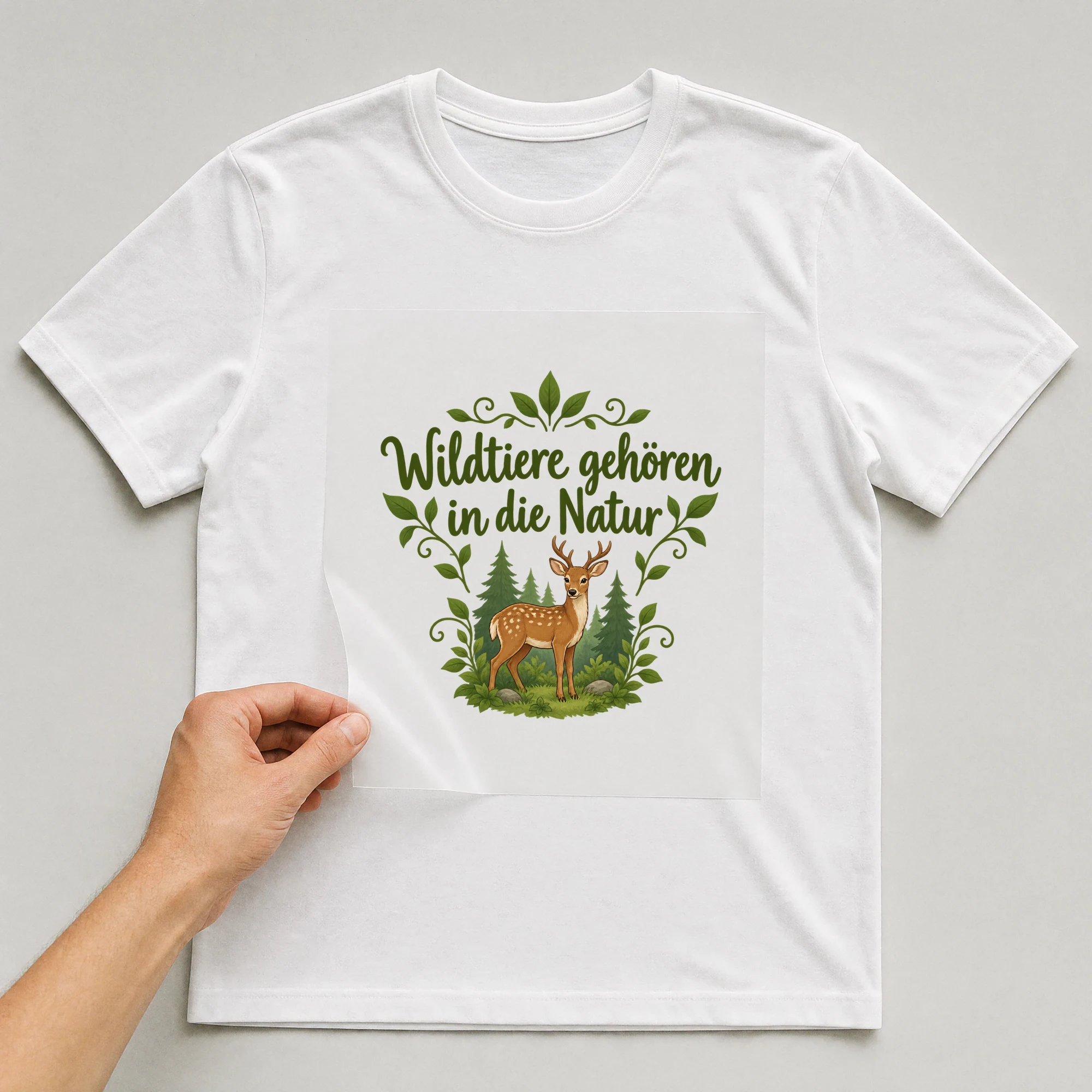 Bügelbild „Wildtiere gehören in die Natur“ auf weißem T-Shirt, Folie wird aufgelegt