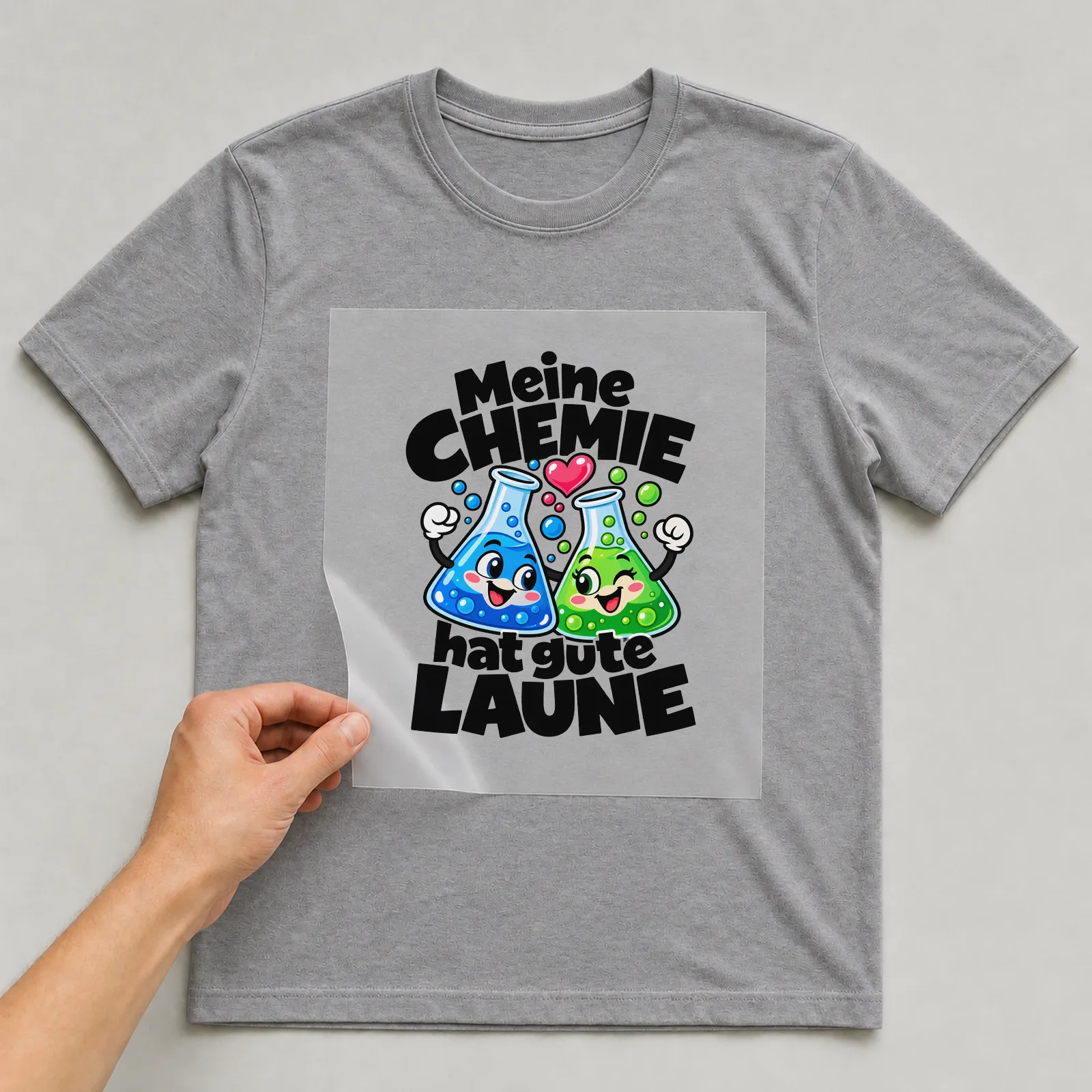 Bügelbild „Meine CHEMIE hat gute LAUNE“ auf grauem T-Shirt, Folie wird aufgelegt