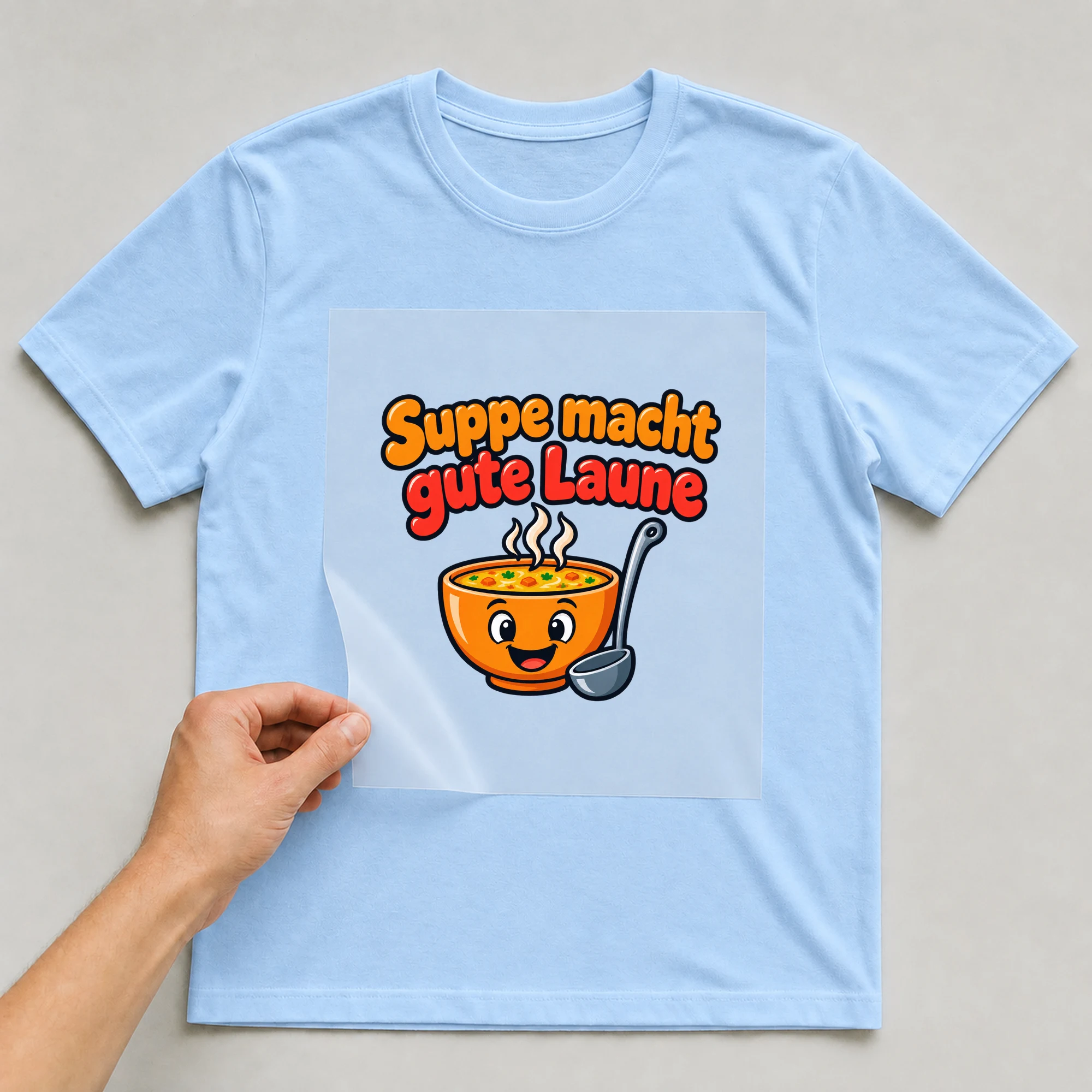 Bügelbild „Suppe macht gute Laune“ auf babyblauem T-Shirt, Folie wird aufgelegt