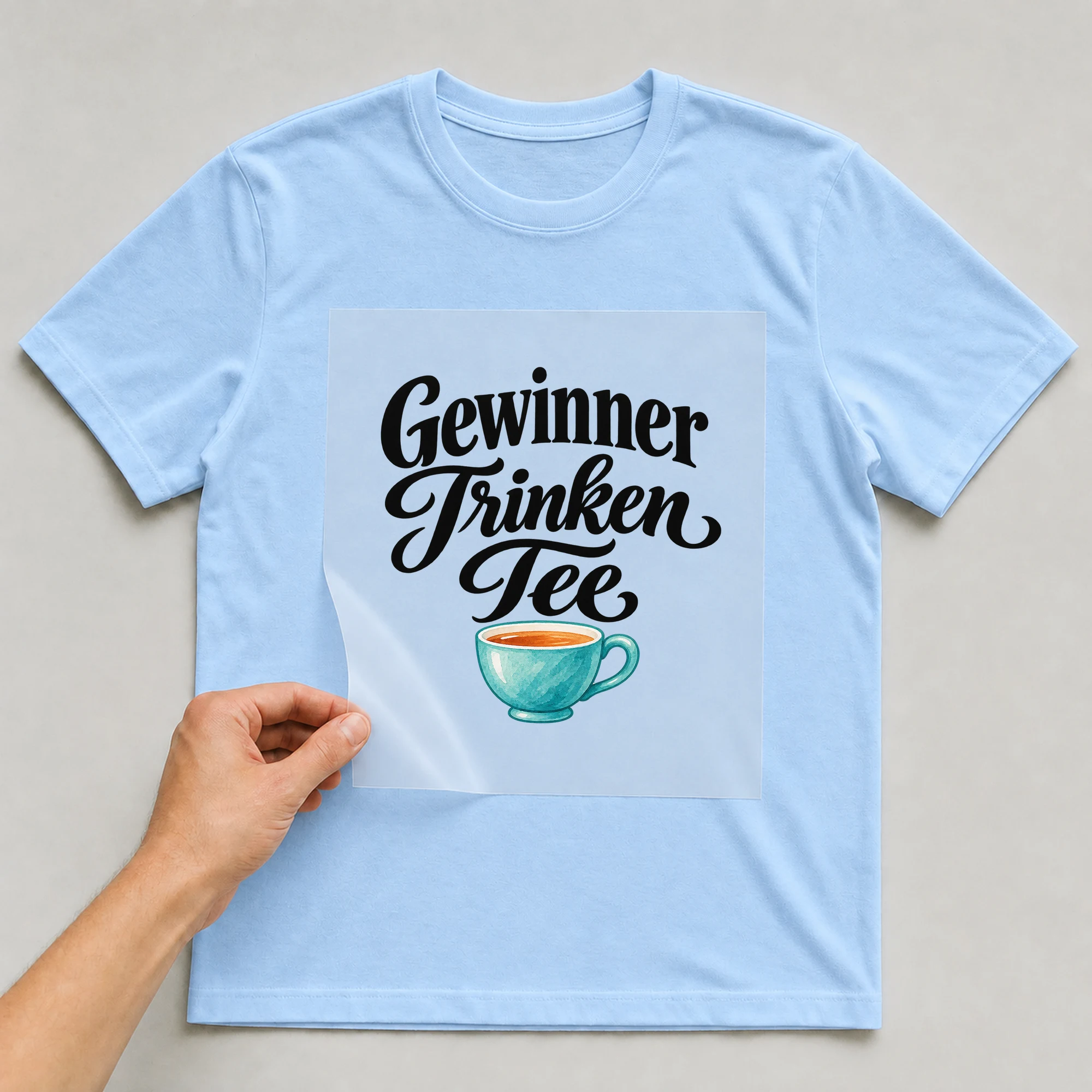 Bügelbild „Gewinner Trinken Tee“ auf babyblauem T-Shirt, Folie wird aufgelegt