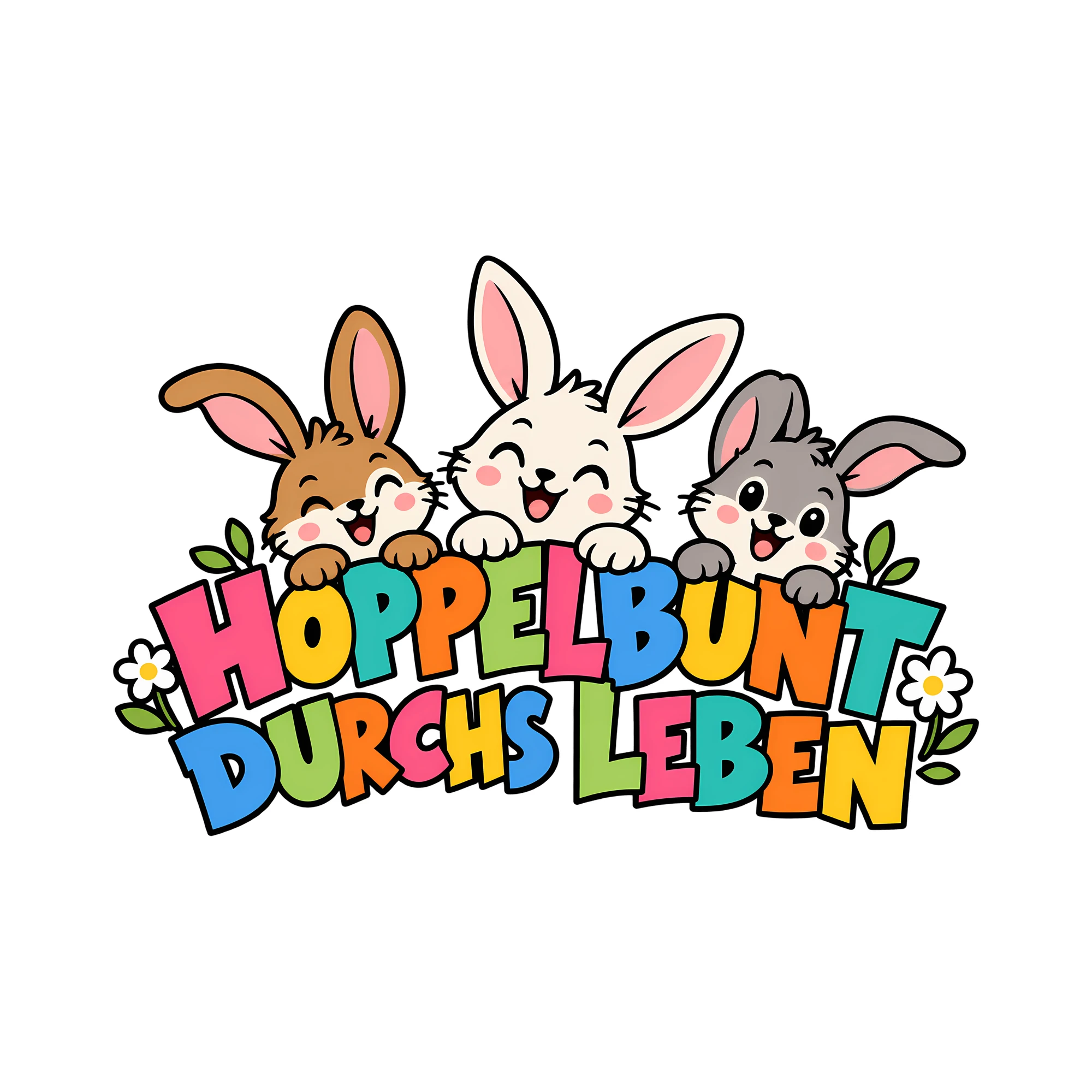 Bügelbild Hoppelbunt durchs Leben als Grafik auf weißem Hintergrund (BB013005)