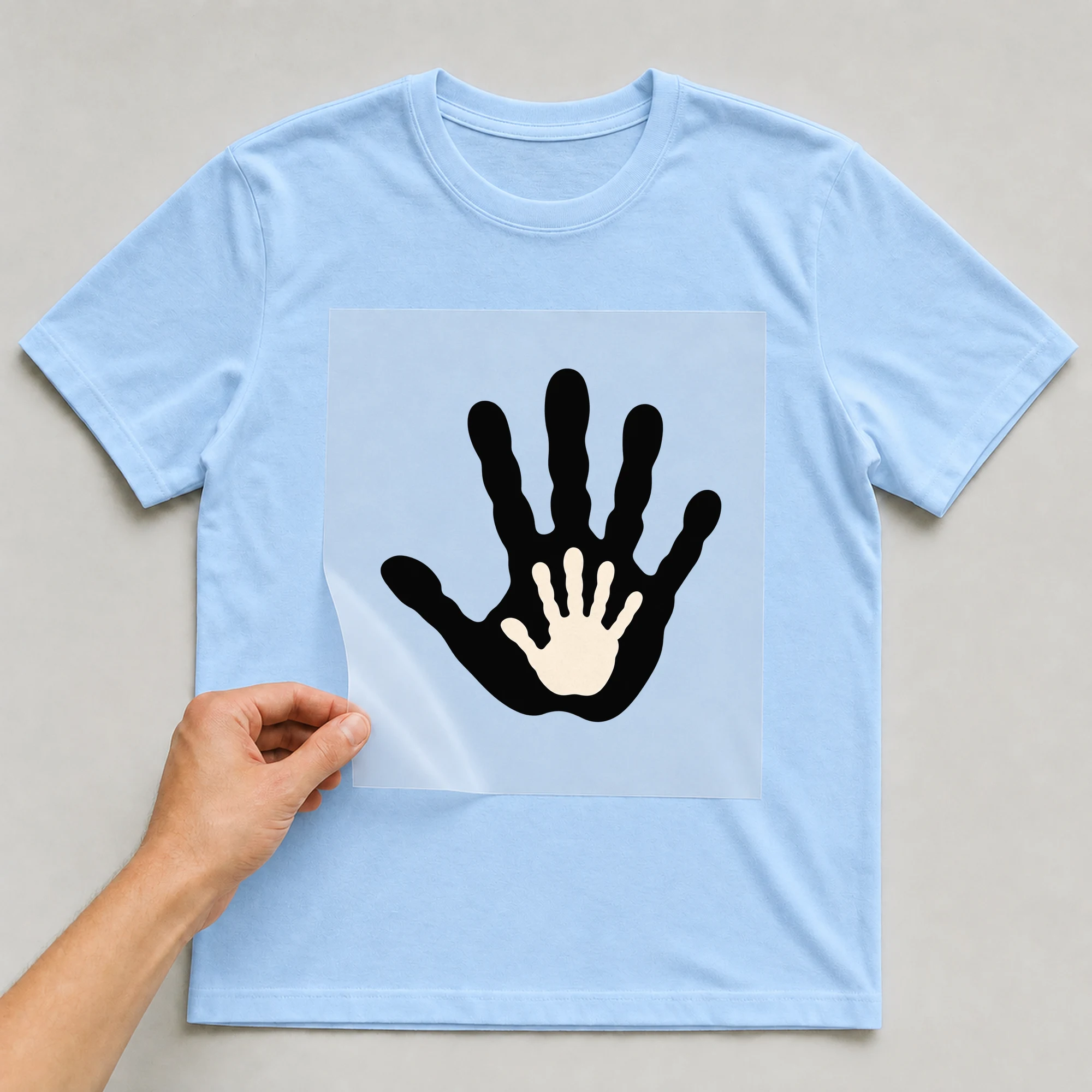 Bügelbild „Hand Eltern Kind“ auf babyblauem T-Shirt, Folie wird aufgelegt