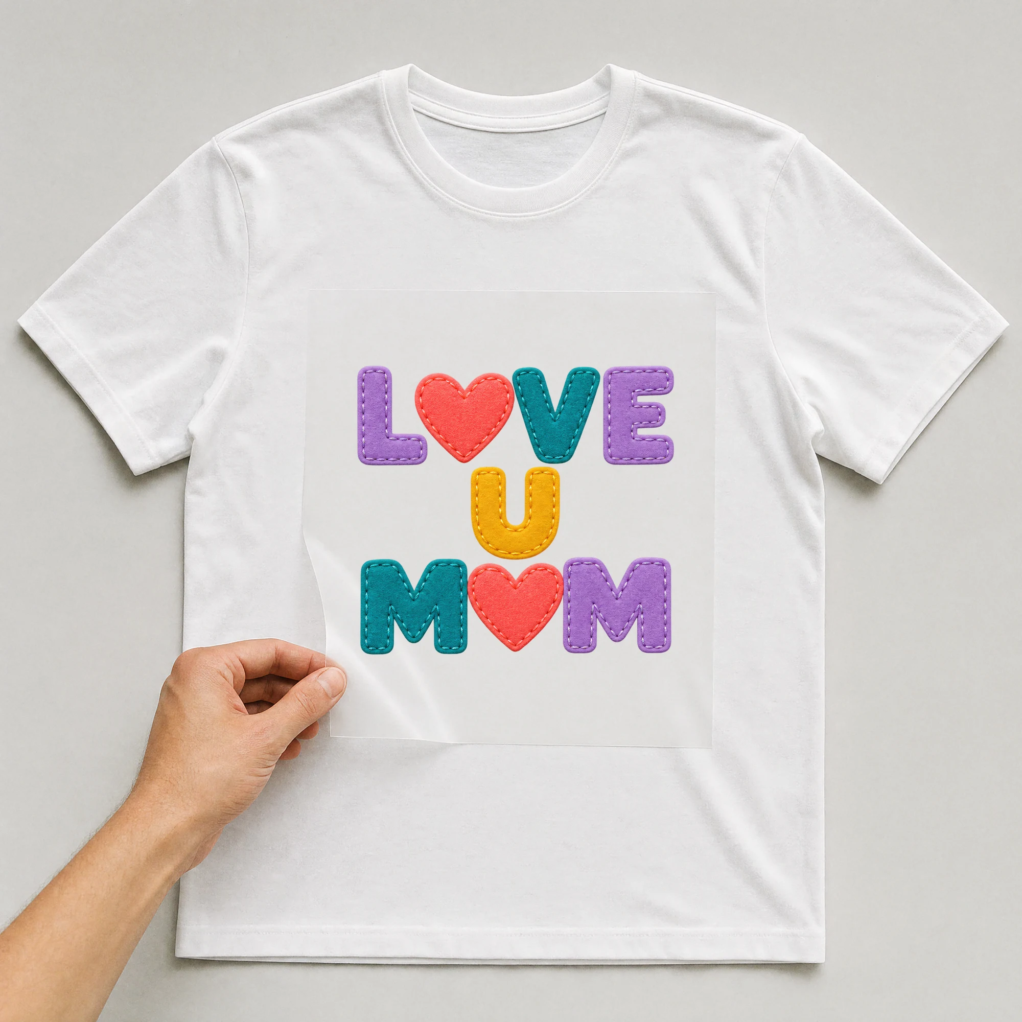 Bügelbild „Love U Mom“ auf weißem T-Shirt, Folie wird aufgelegt