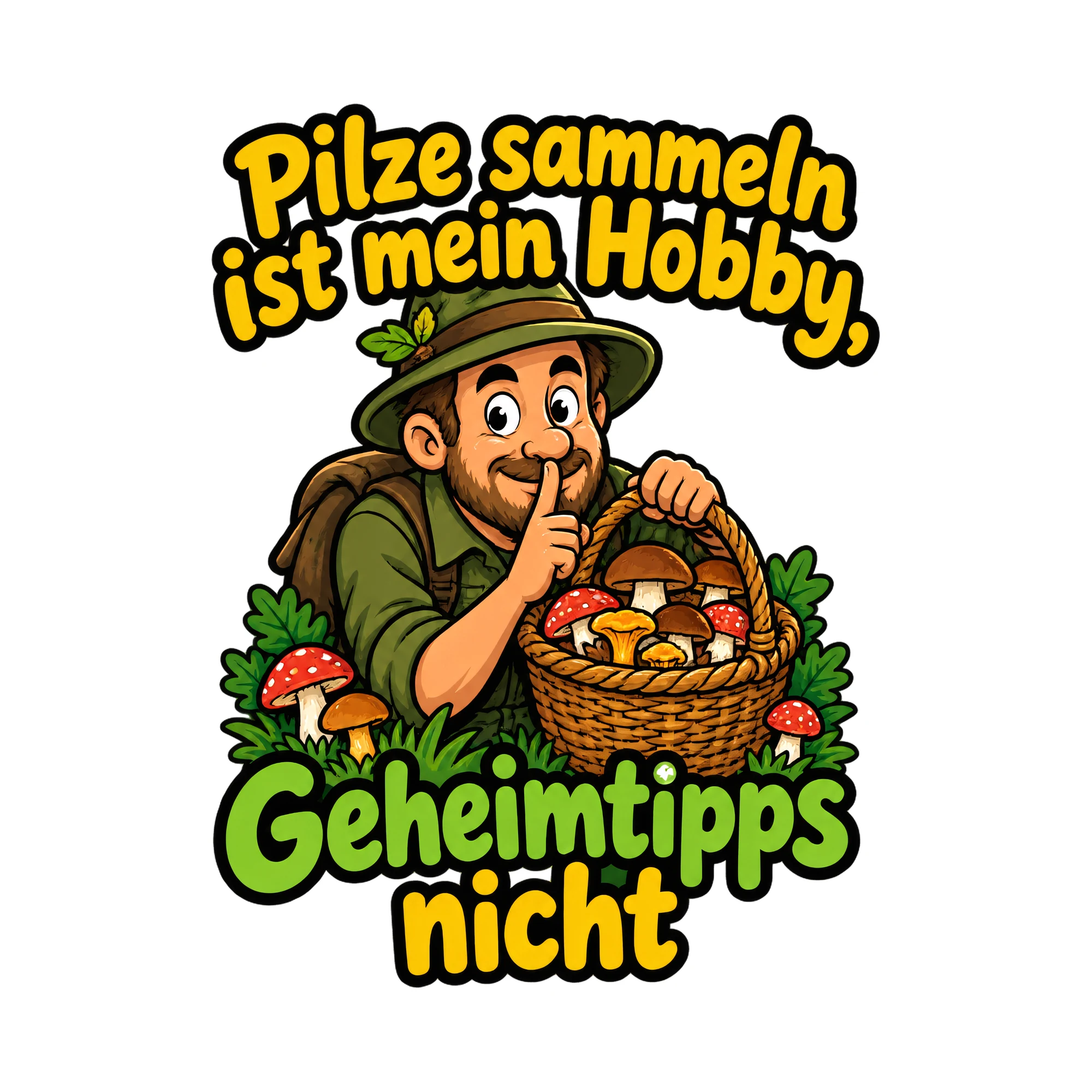 Bügelbild Pilze sammeln ist mein Hobby, Geheimtipps nicht als Grafik auf weißem Hintergrund (BB019338)