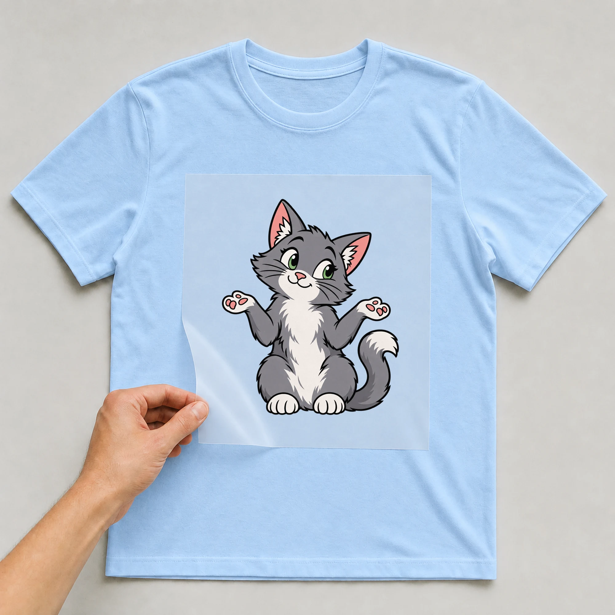Bügelbild „What Cat Comic“ auf babyblauem T-Shirt, Folie wird aufgelegt