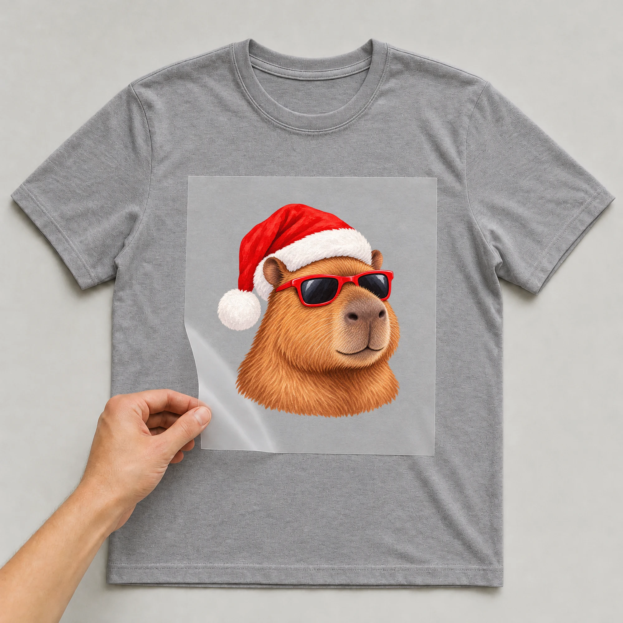 Bügelbild „Cooles Weihnachtsmann-Capybara“ auf grauem T-Shirt, Folie wird aufgelegt