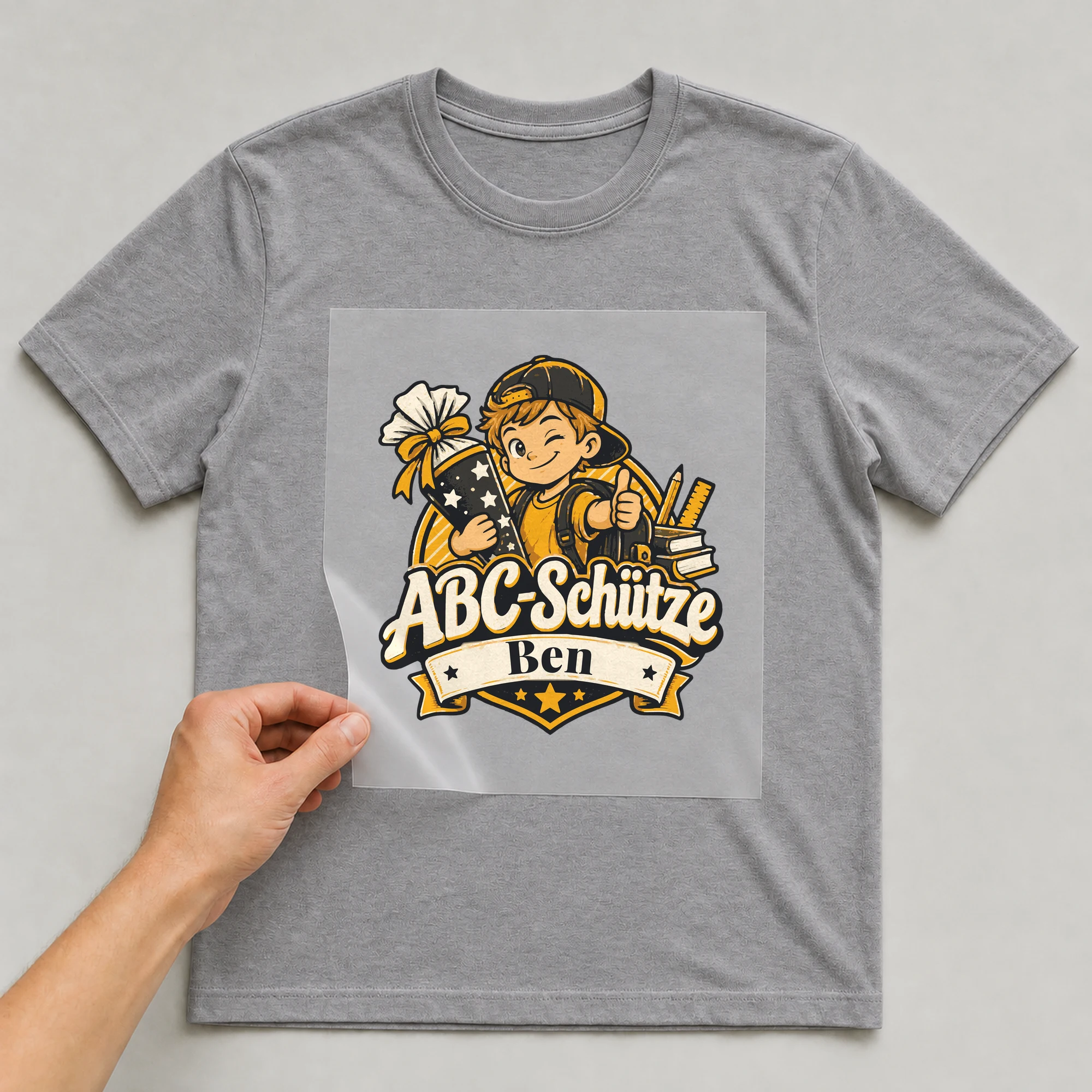 Bügelbild ABC-Schütze mit Name auf grauem T-Shirt, Folie wird aufgelegt