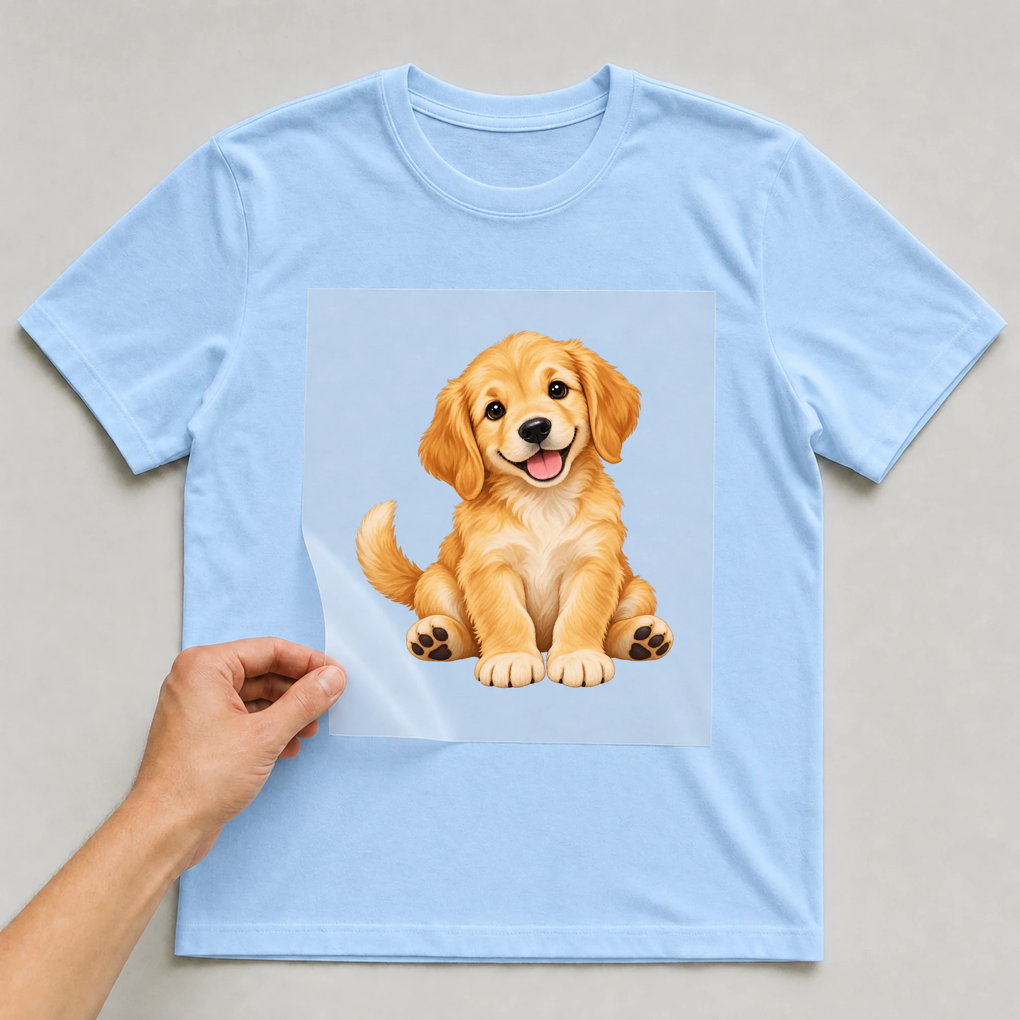Bügelbild „Kinder Comic - Hund“ auf babyblauem T-Shirt, Folie wird aufgelegt