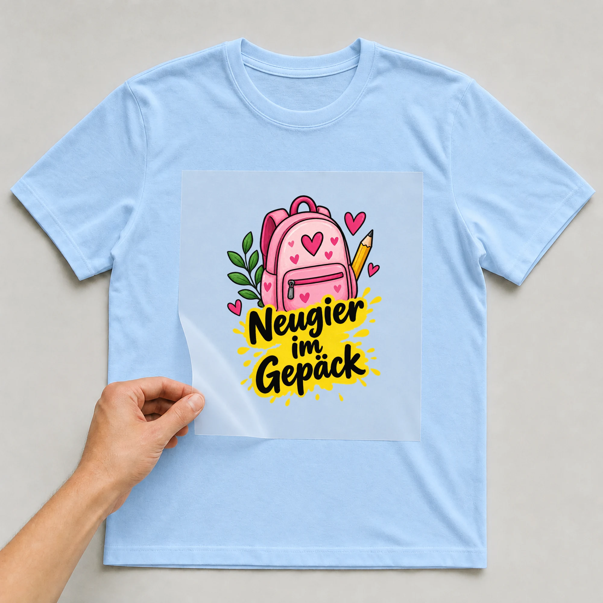 Bügelbild „Neugier im Gepäck“ auf babyblauem T-Shirt, Folie wird aufgelegt