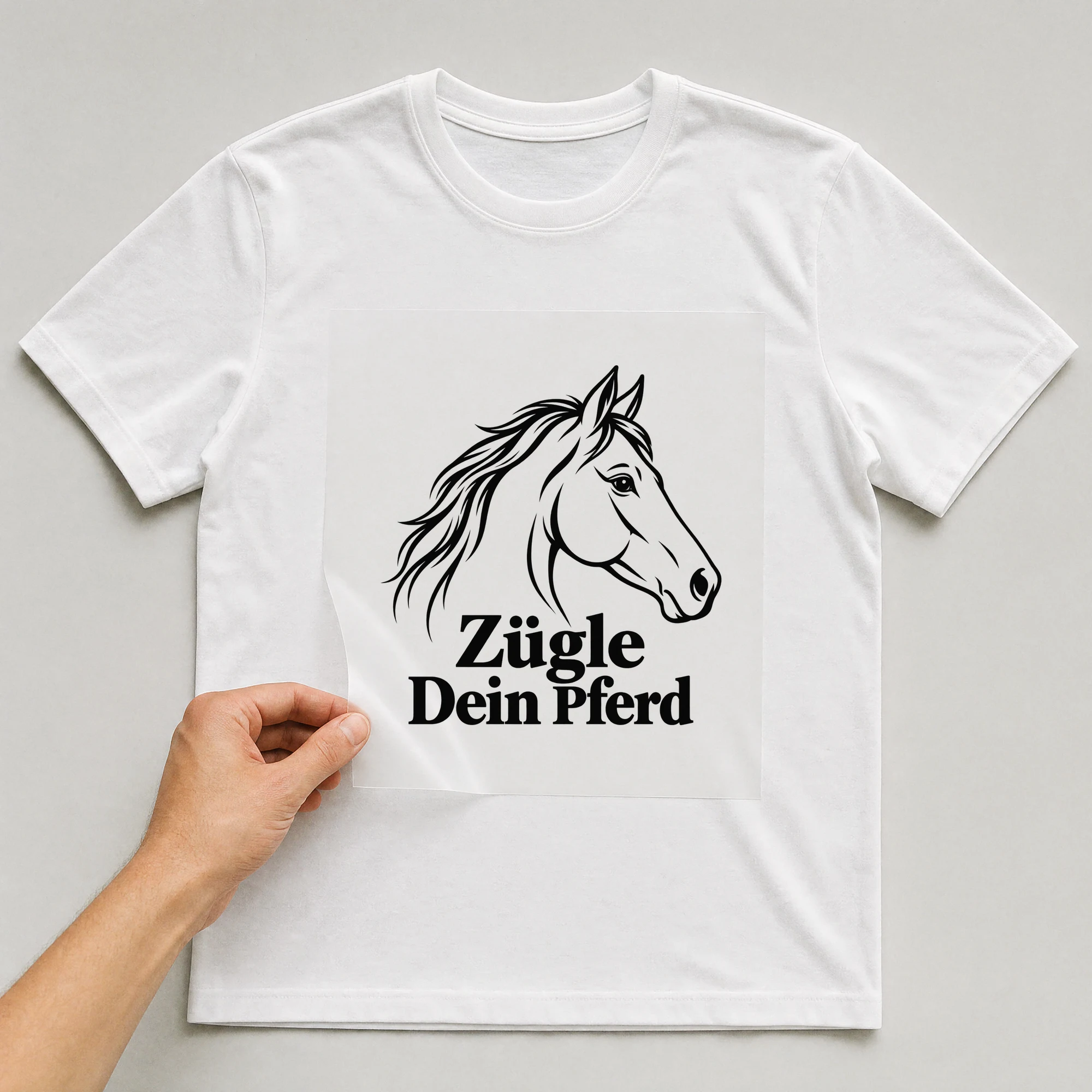 Bügelbild „Zügle Dein Pferd“ auf weißem T-Shirt, Folie wird aufgelegt