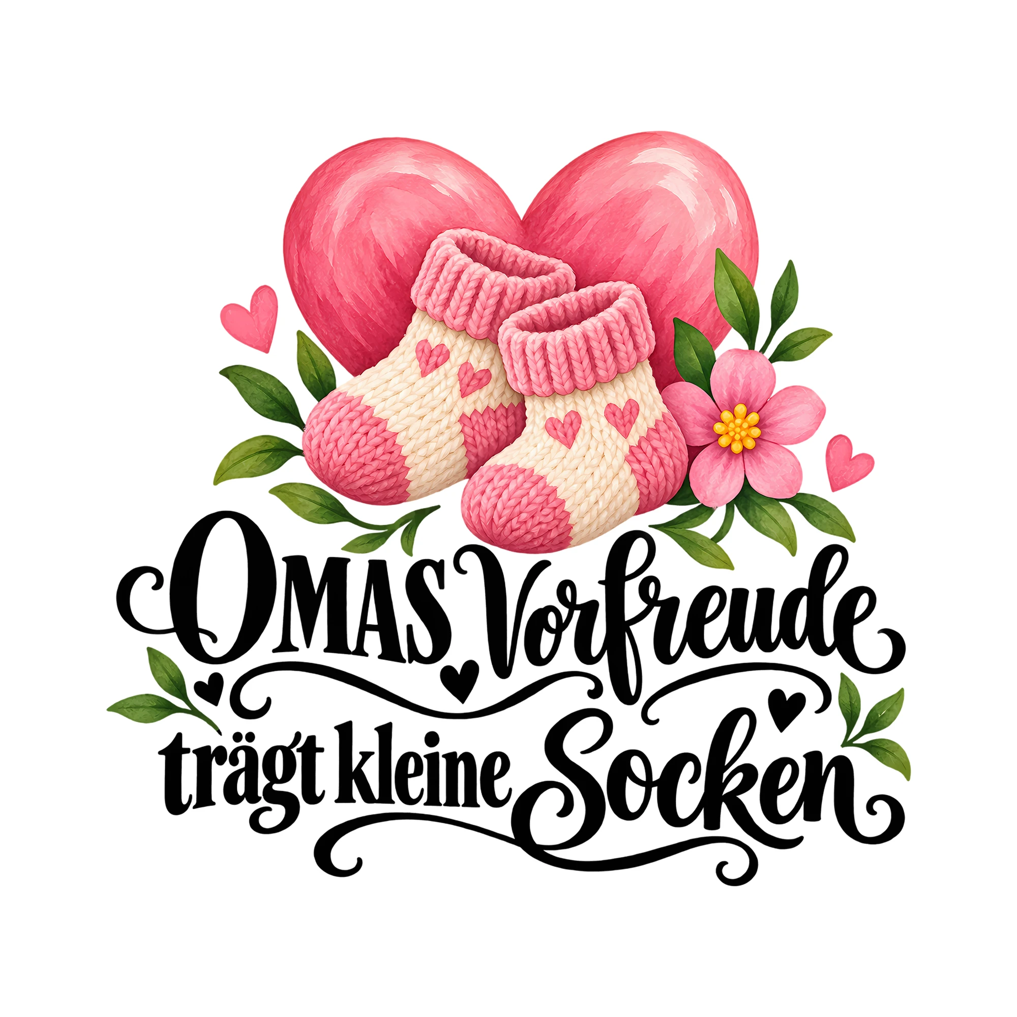 Bügelbild OMAS Vorfreude trägt kleine Socken als Grafik auf weißem Hintergrund (BB011798)