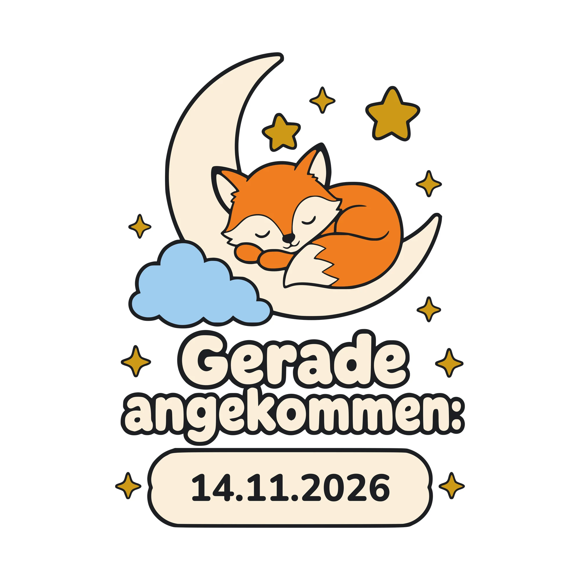 Bügelbild Gerade angekommen mit Datum als Grafik auf weißem Hintergrund (BB010465)