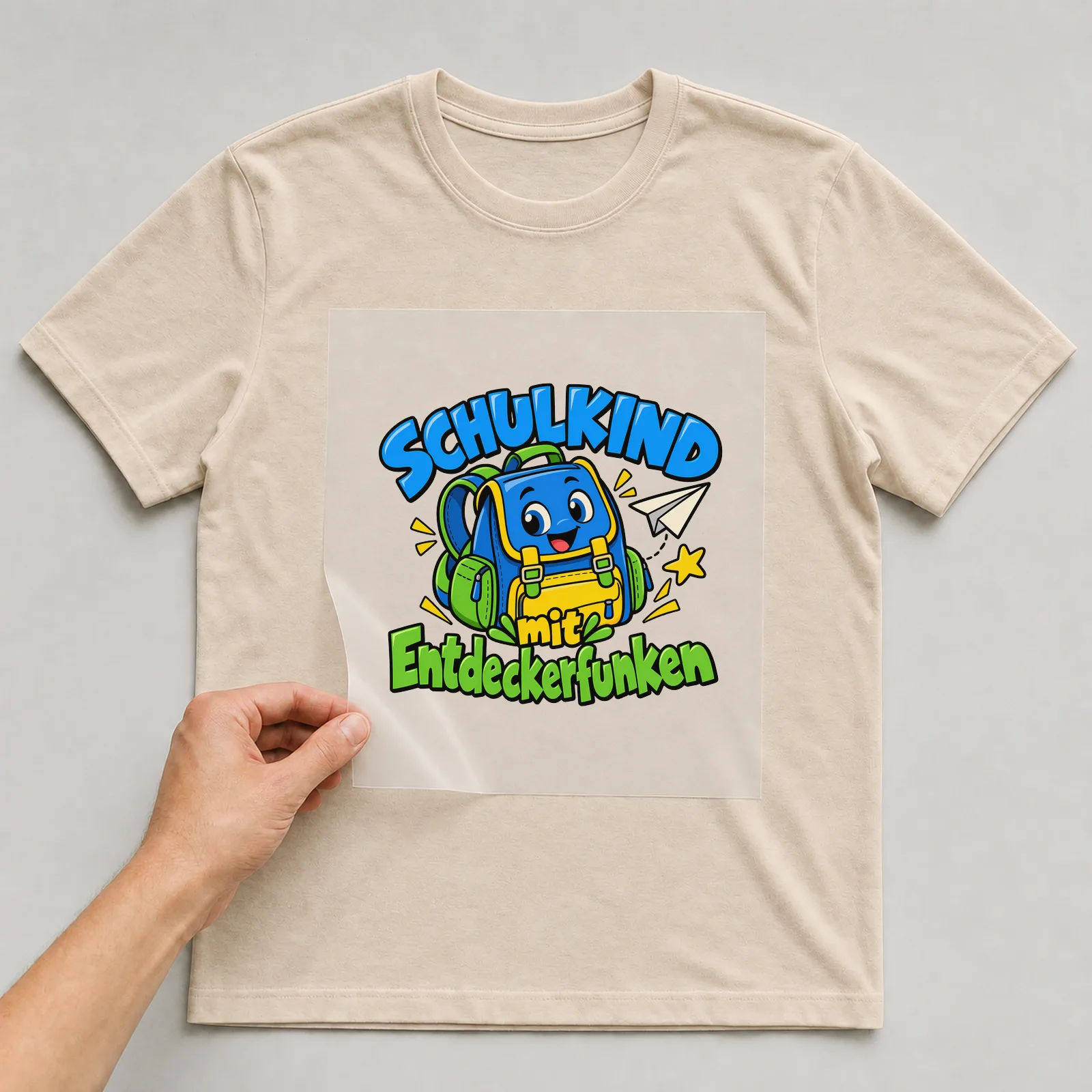 Bügelbild „Schulkind mit Entdeckerfunken“ auf beigem T-Shirt, Folie wird aufgelegt