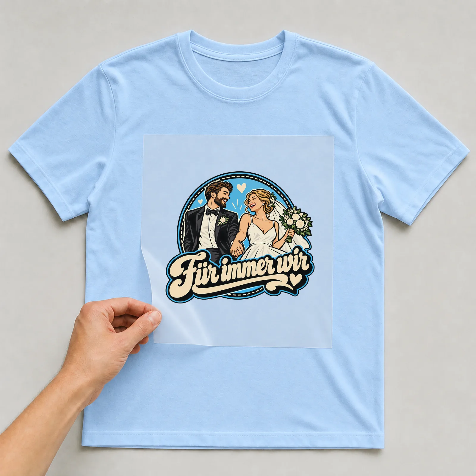 Bügelbild „Für immer wir“ (Retro-Badge) auf hellblauem T-Shirt, Folie wird aufgelegt
