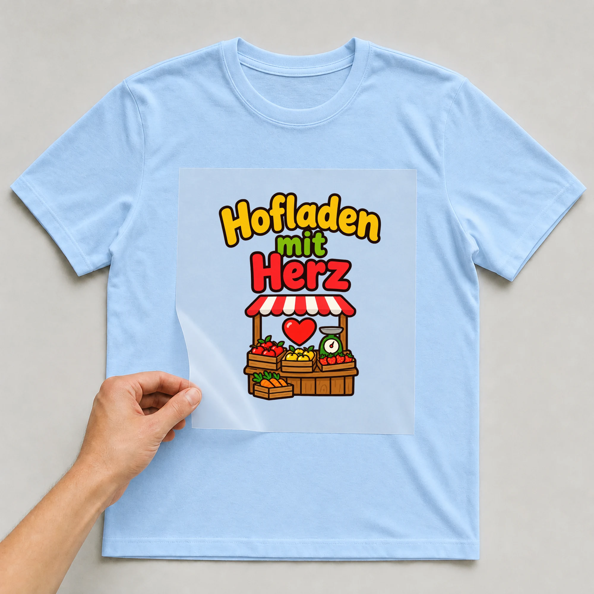 Bügelbild „Hofladen mit Herz“ auf babyblauem T-Shirt, Folie wird aufgelegt