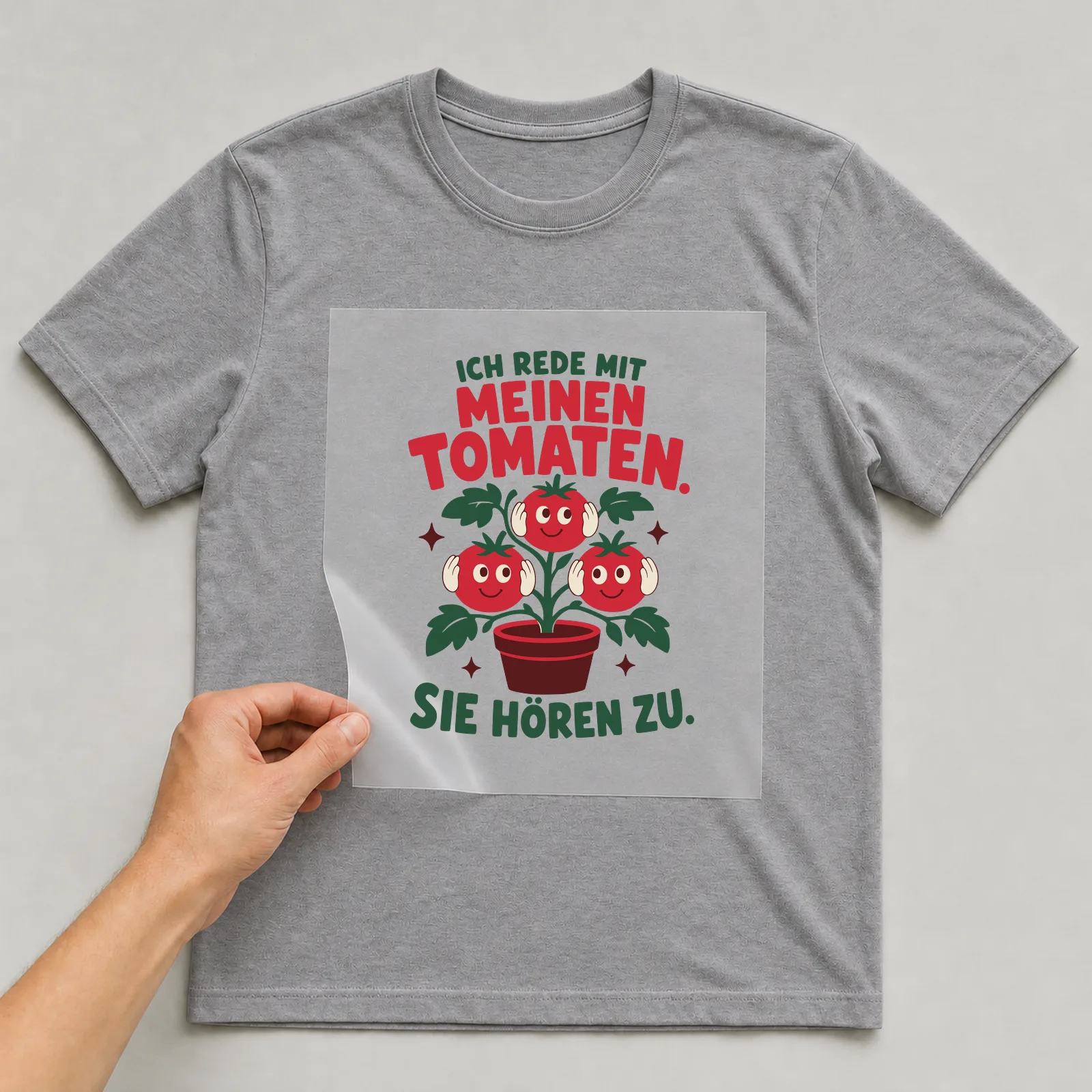 Bügelbild Ich rede mit meinen Tomaten. Sie hören zu. auf grauem T-Shirt, Folie wird aufgelegt