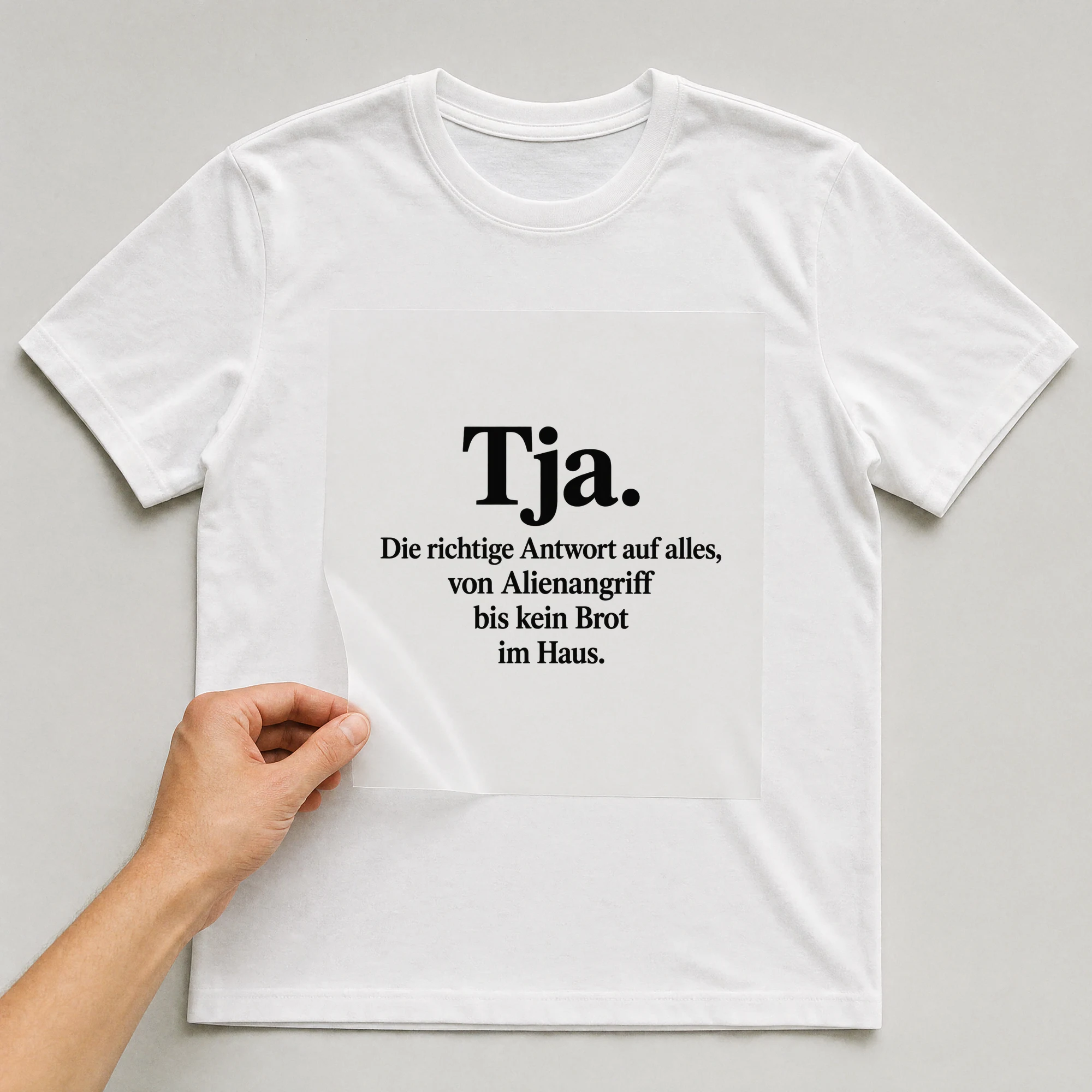 Bügelbild „Tja. Die richtige Antwort auf alles, von Alienangriff bis kein Brot im Haus.“ auf weißem T-Shirt, Folie wird aufgelegt