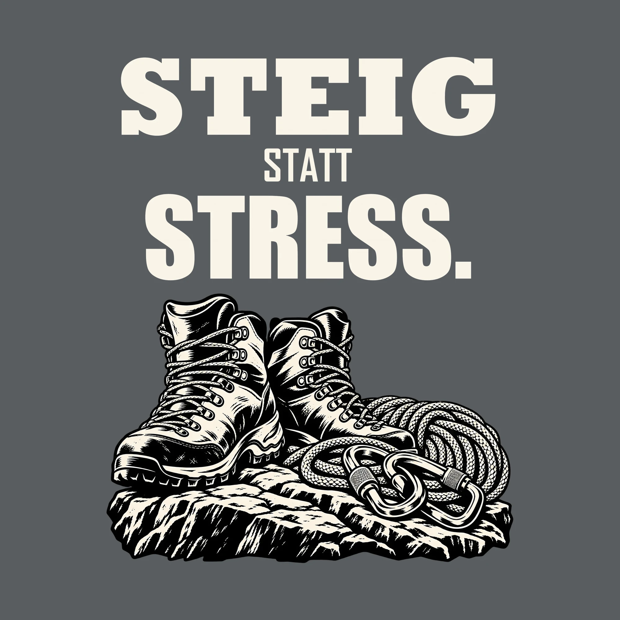 Bügelbild STEIG STATT STRESS. als Grafik auf dunklem Hintergrund (BB013190)