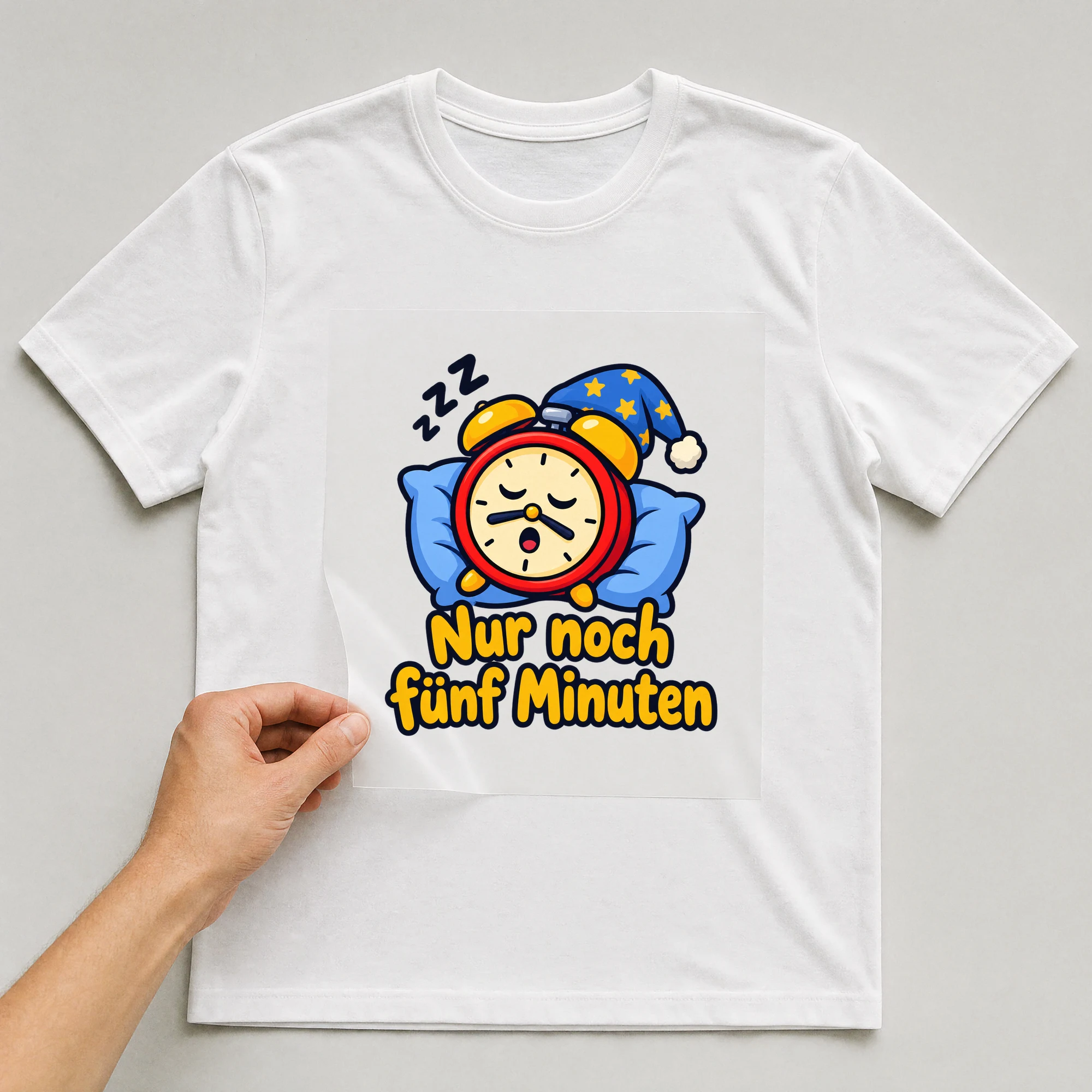 Bügelbild „Nur noch fünf Minuten“ auf weißem T-Shirt, Folie wird aufgelegt
