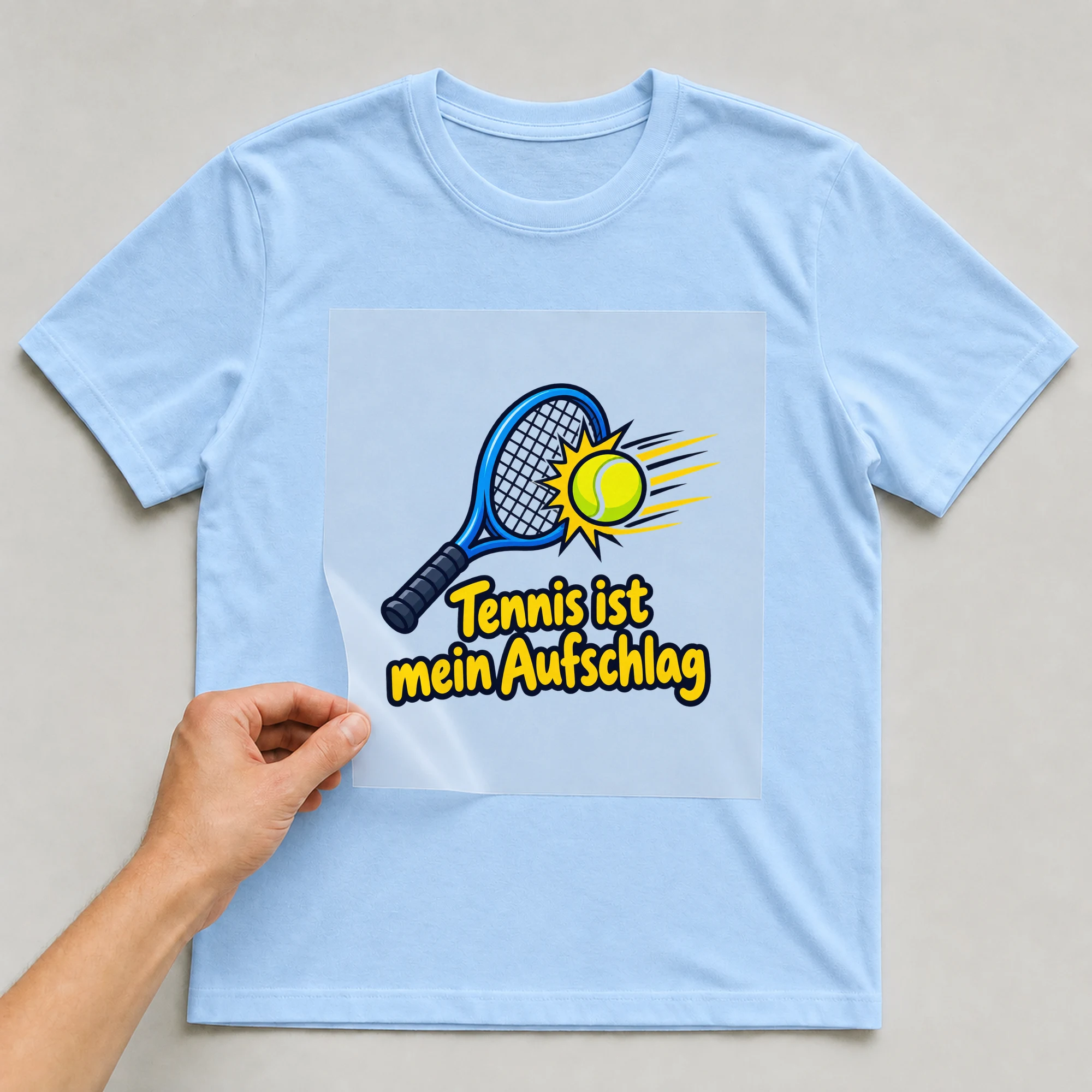 Bügelbild „Tennis ist mein Aufschlag“ auf babyblauem T-Shirt, Folie wird aufgelegt