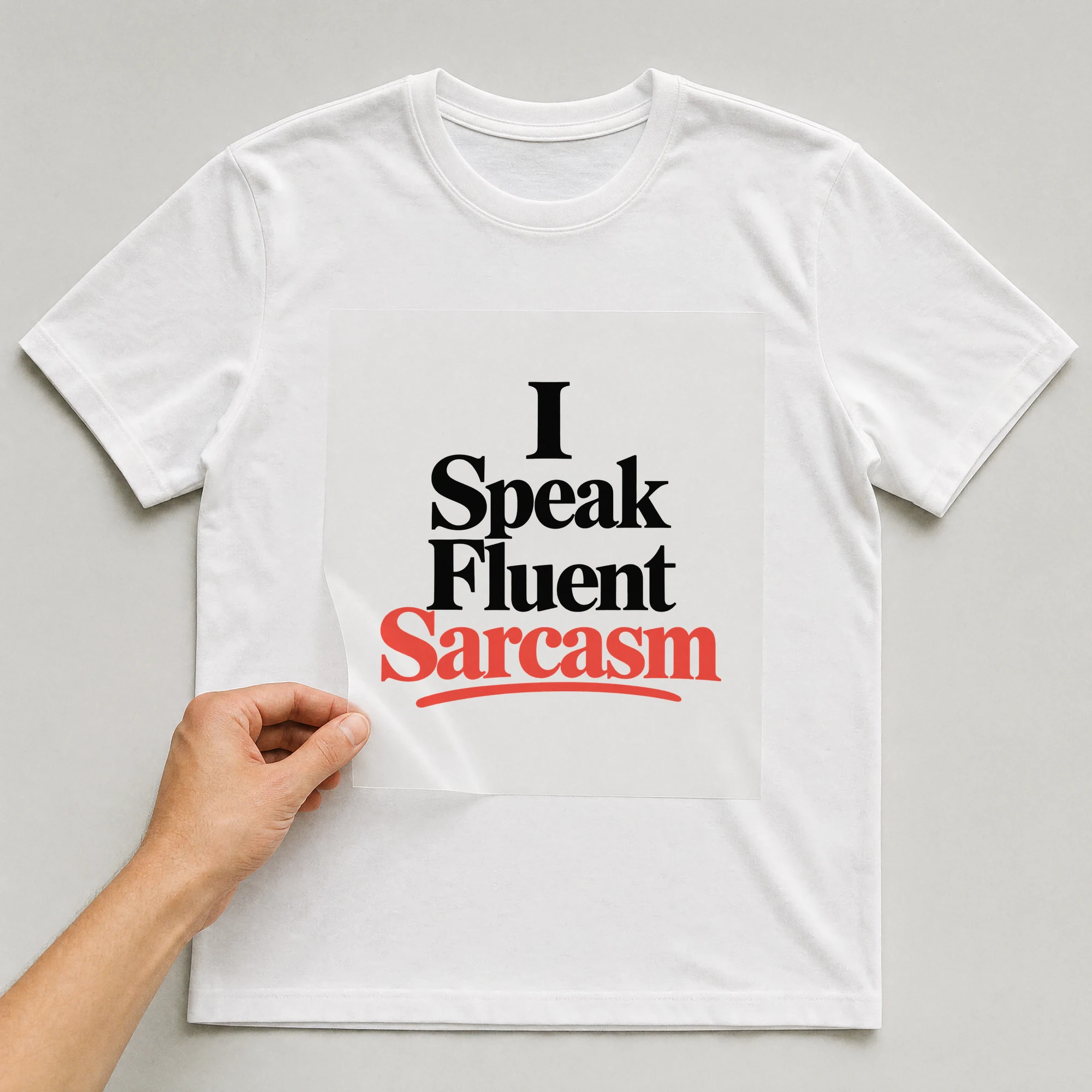 Bügelbild „I Speak Fluent Sarcasm“ auf weißem T-Shirt, Folie wird aufgelegt
