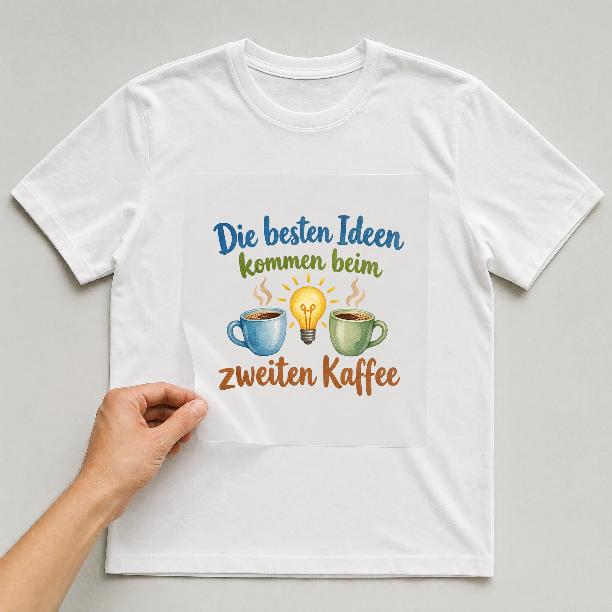 Bügelbild „Die besten Ideen kommen beim zweiten Kaffee“ auf weißem T-Shirt, Folie wird aufgelegt