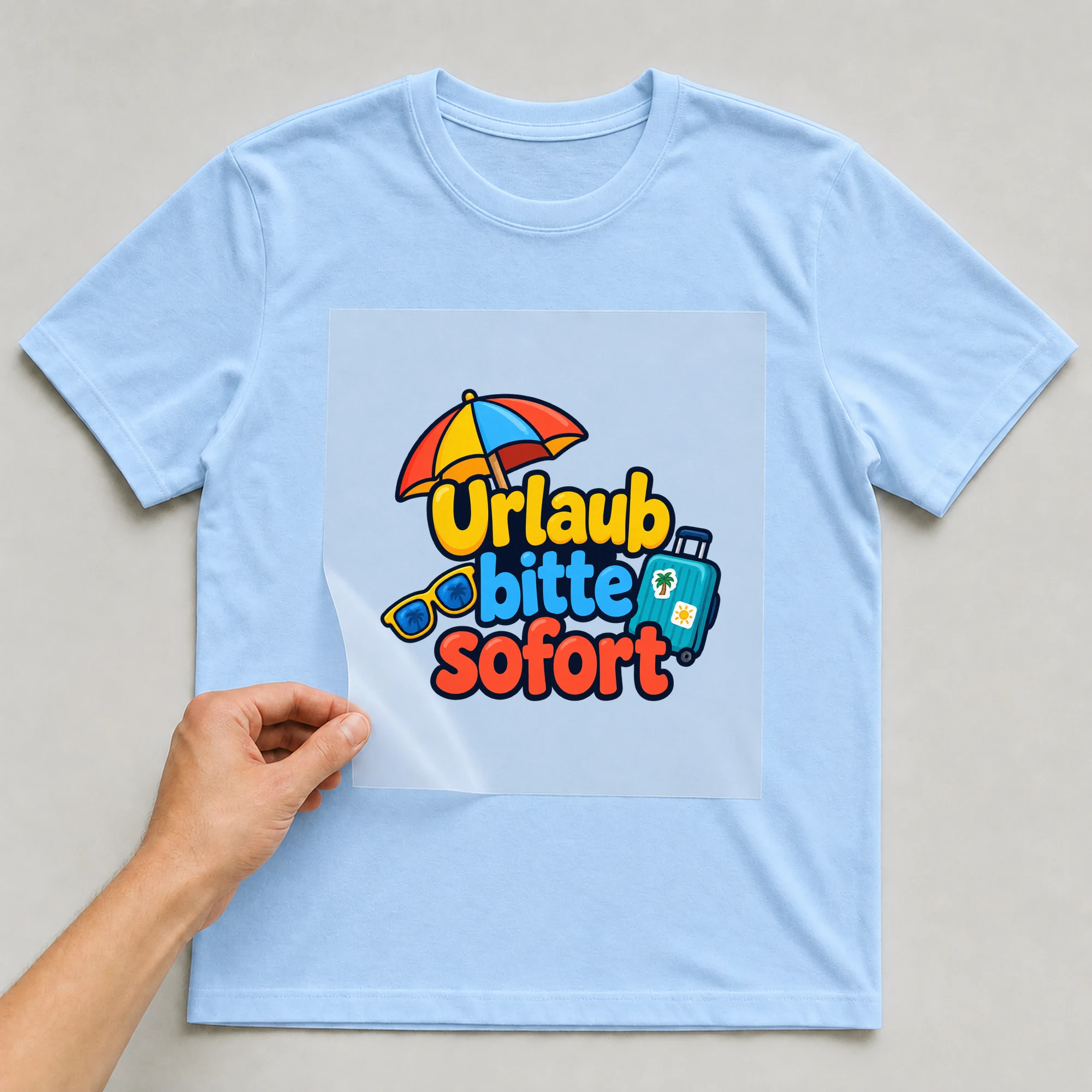 Bügelbild „Urlaub bitte sofort“ auf babyblauem T-Shirt, Folie wird aufgelegt