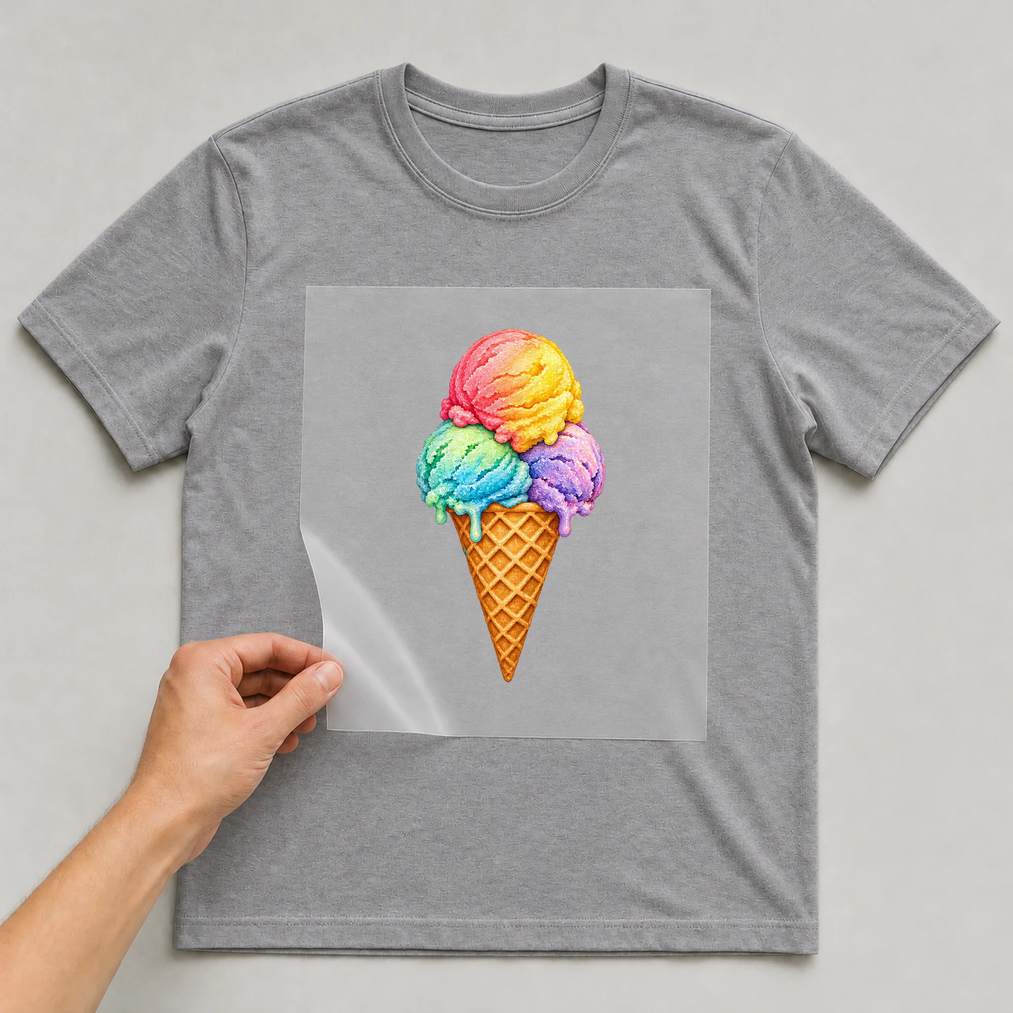 Bügelbild „Regenbogen-Eis in der Waffel“ auf grauem T-Shirt, Folie wird aufgelegt