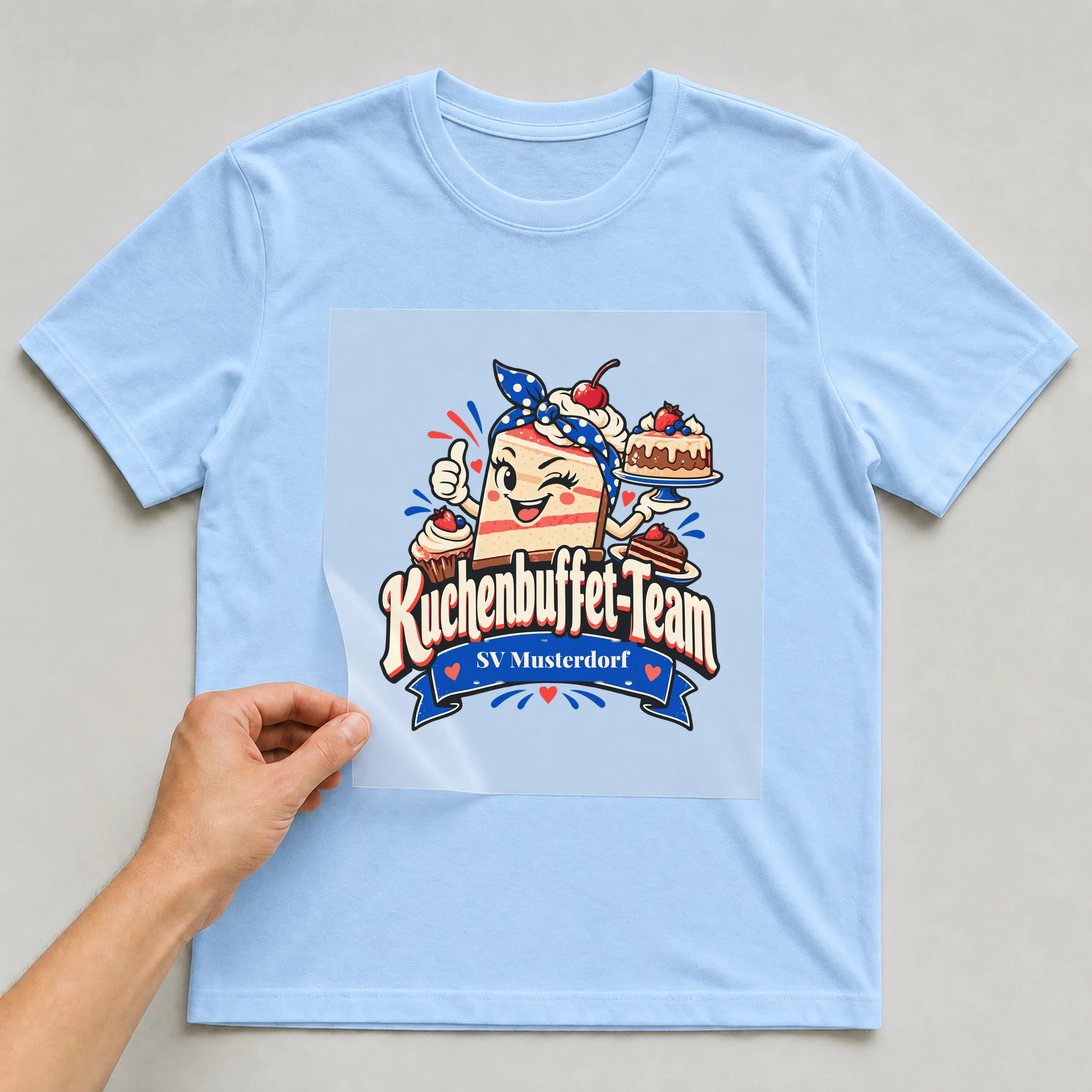 Bügelbild Kuchenbuffet-Team mit Verein auf hellblauem T-Shirt, Folie wird aufgelegt