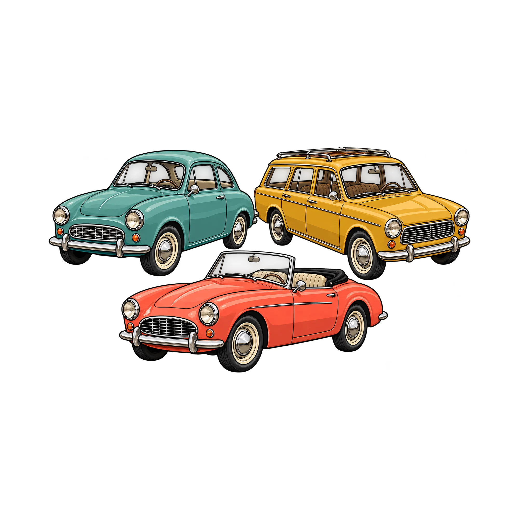 Bügelbild Retro Cars Collection, Lustiger Shirt Motiv als Grafik auf weißem Hintergrund (BB015542)