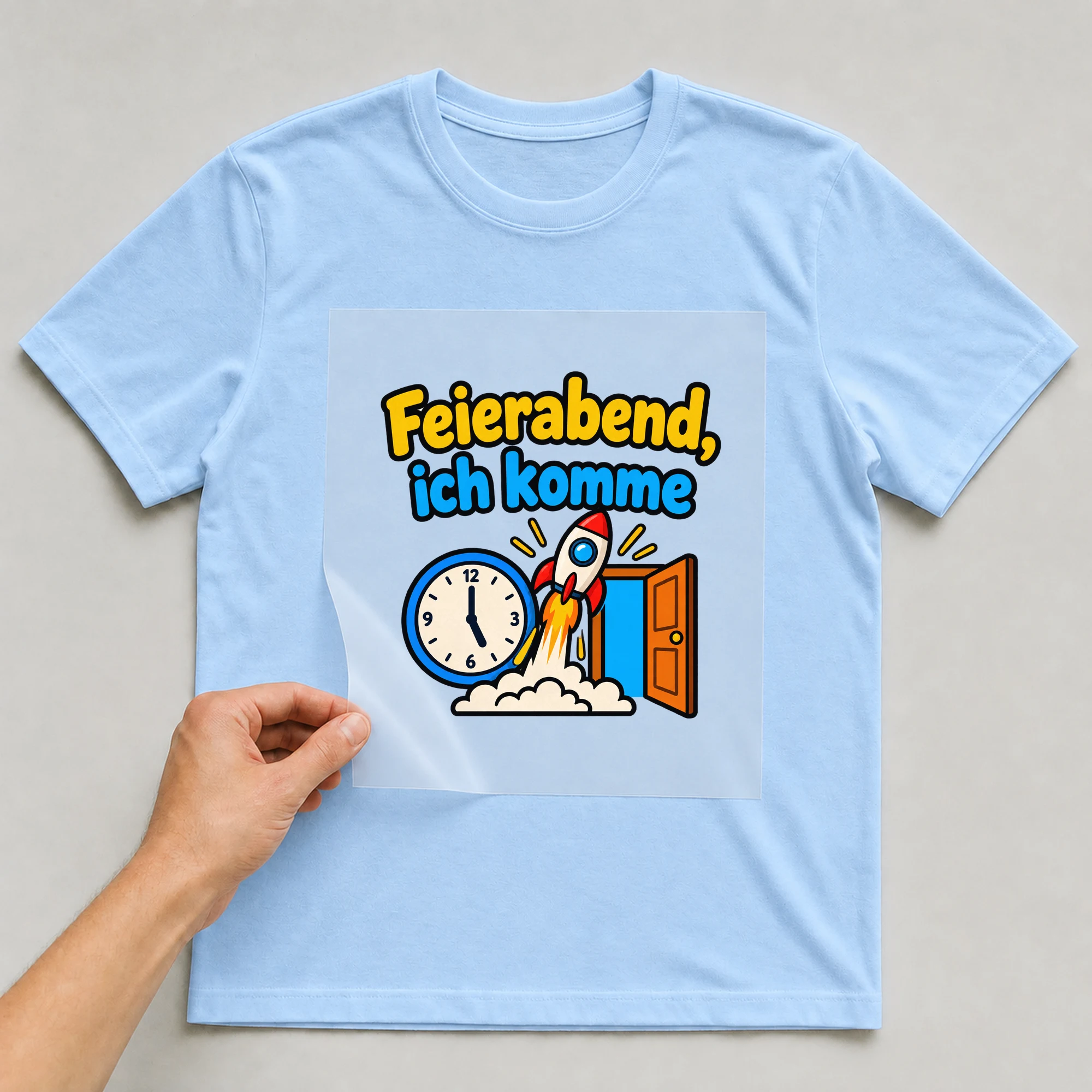 Bügelbild „Feierabend, ich komme“ auf babyblauem T-Shirt, Folie wird aufgelegt