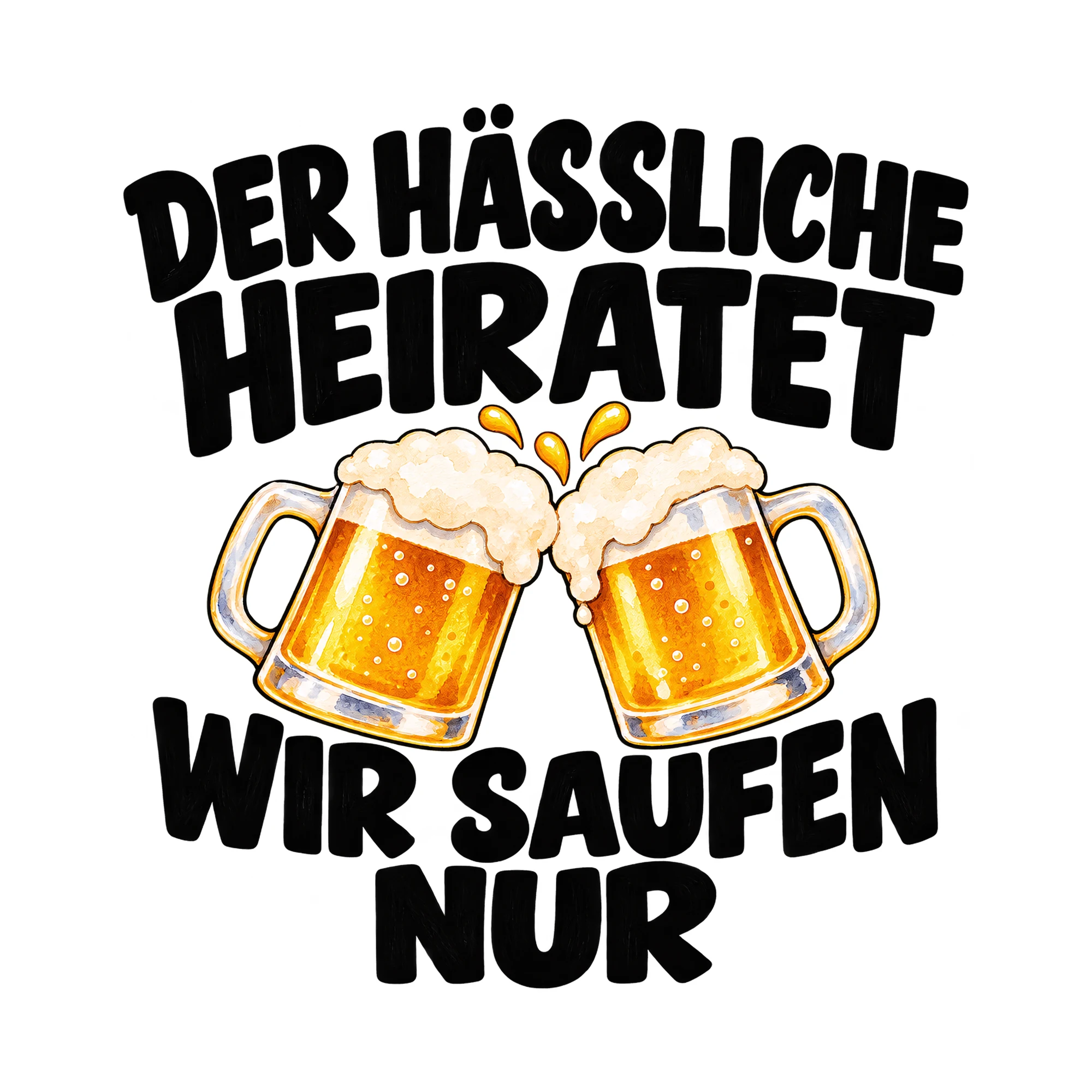 Bügelbild „Der hässliche heiratet wir saufen nur“, JGA Shirt Spruch als Grafik auf weißem Hintergrund (BB015336)