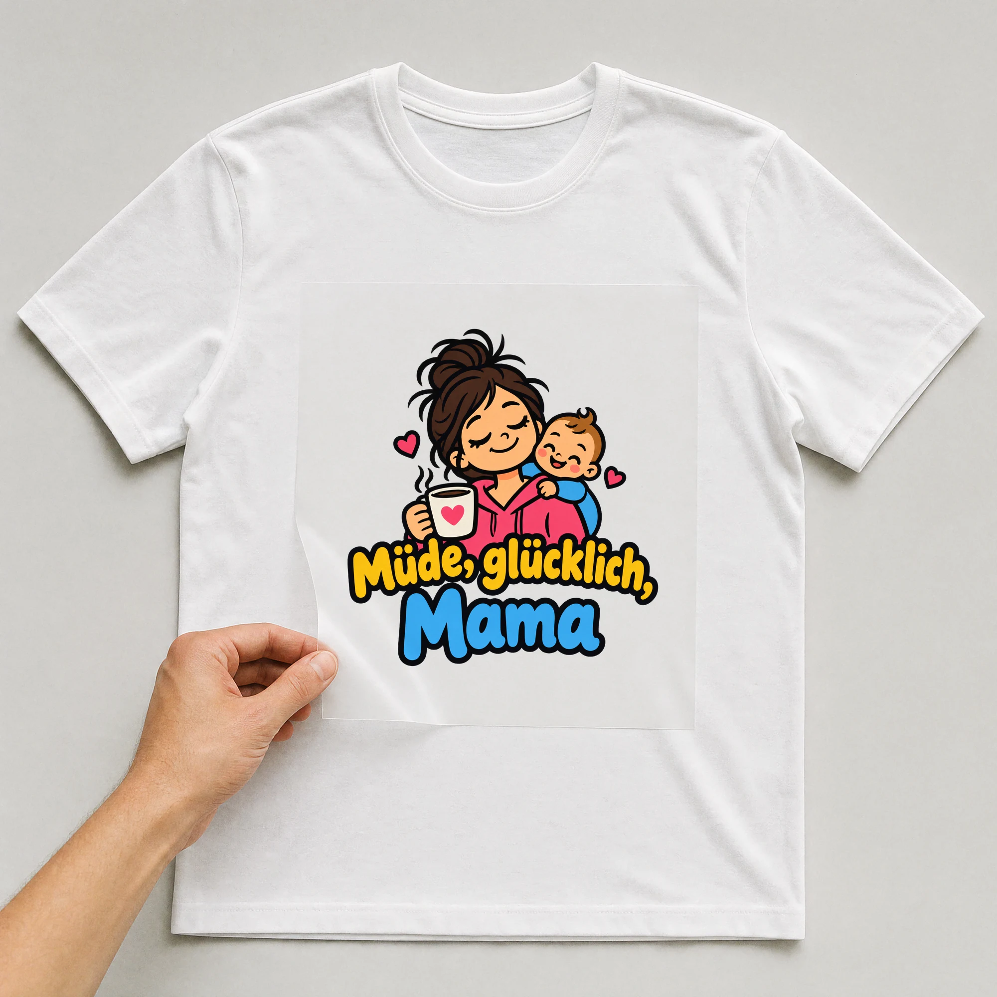 Bügelbild „Müde, glücklich, Mama“ auf weißem T-Shirt, Folie wird aufgelegt