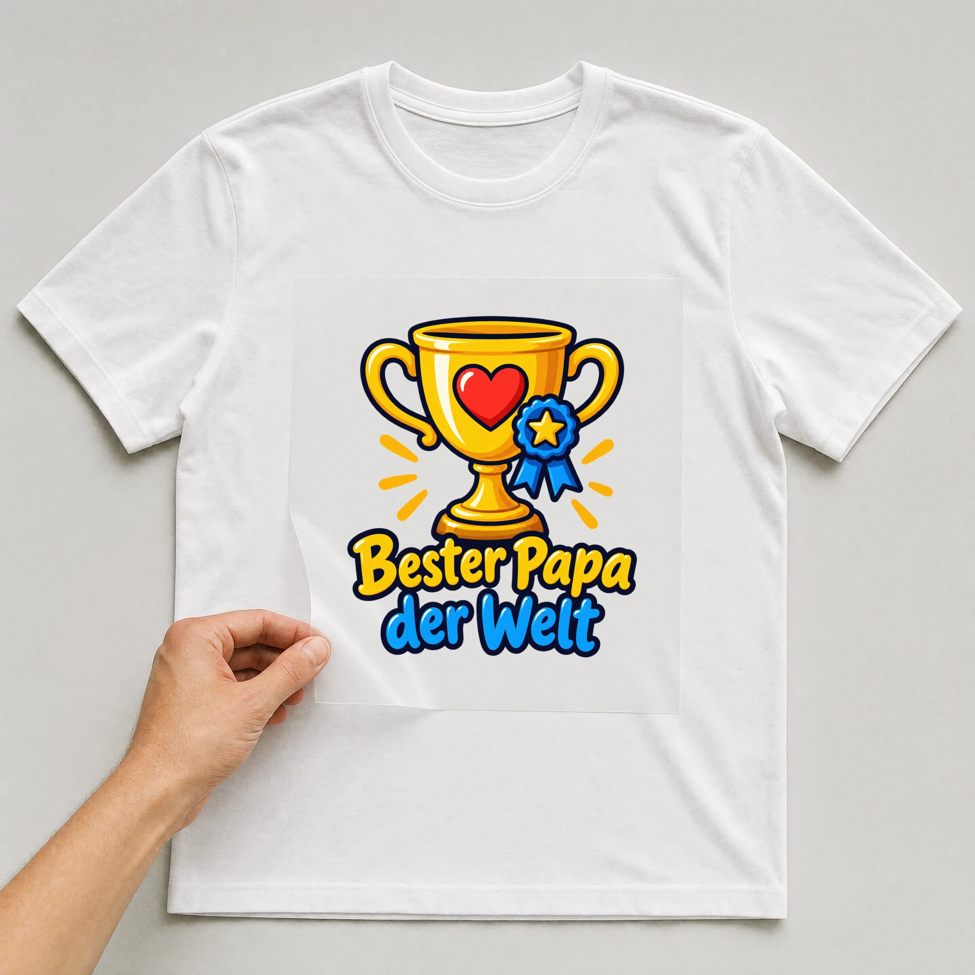 Bügelbild „Bester Papa der Welt 2“ auf weißem T-Shirt, Folie wird aufgelegt