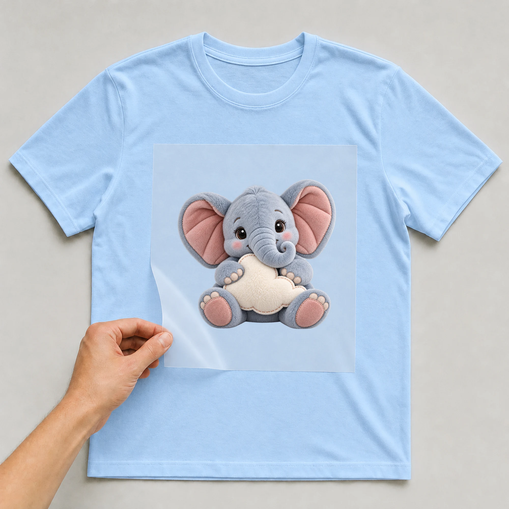 Bügelbild „Plüschelefant mit Wolke“ auf babyblauem T-Shirt, Folie wird aufgelegt