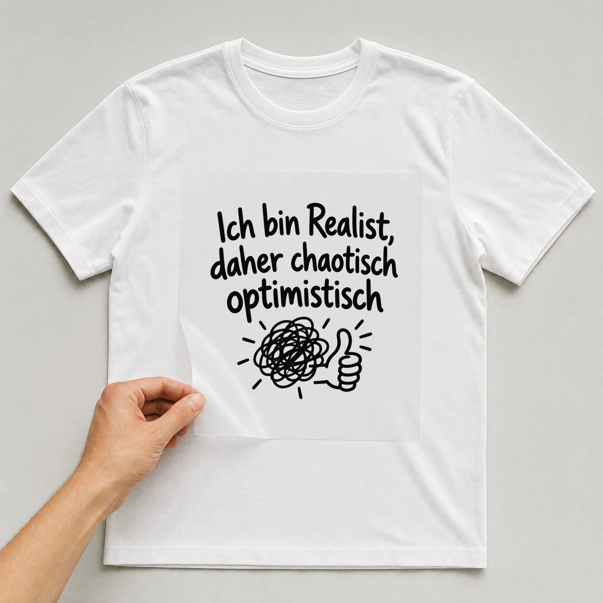 Bügelbild „Ich bin Realist, daher chaotisch optimistisch“ auf weißem T-Shirt, Folie wird aufgelegt