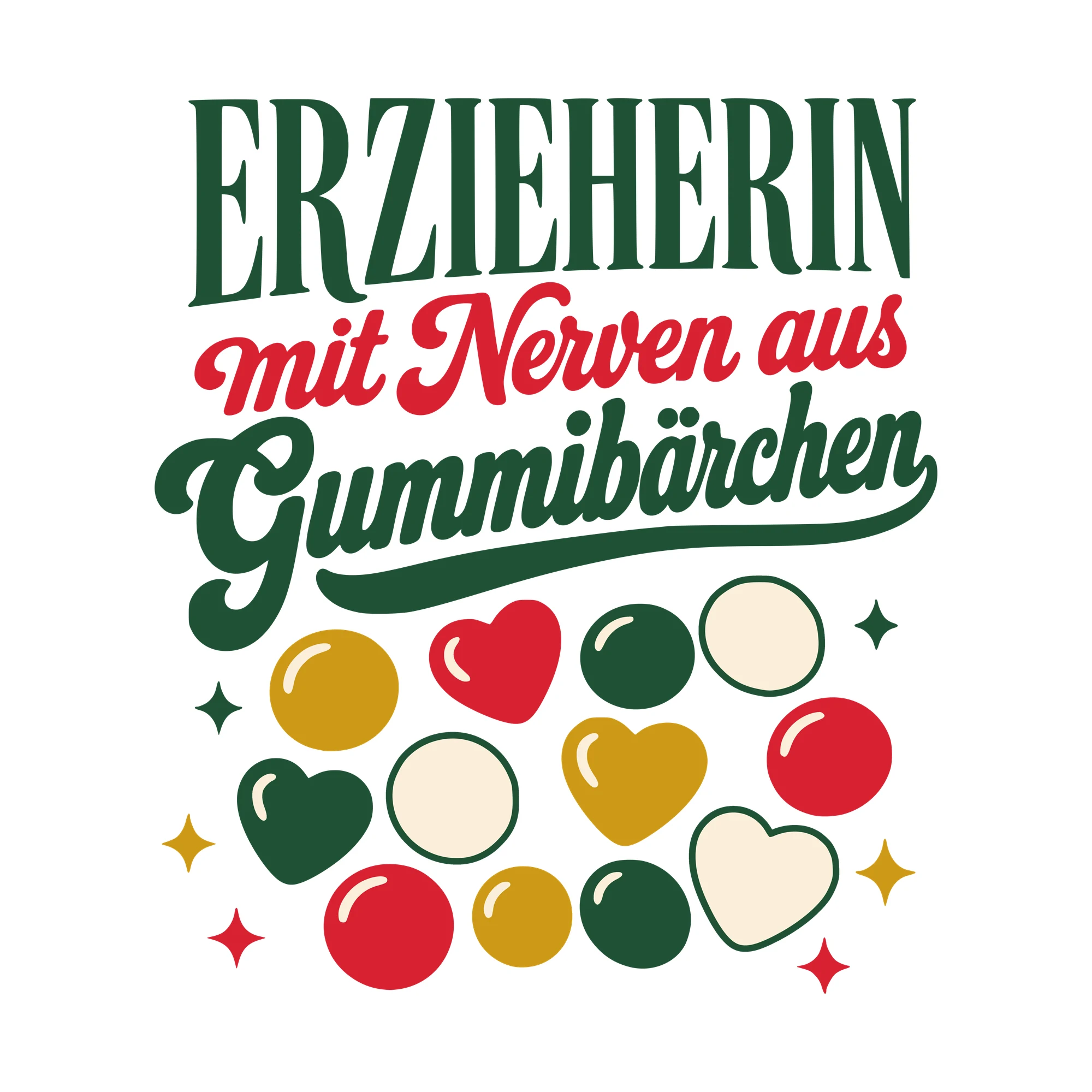 Bügelbild Erzieherin mit Nerven aus Gummibärchen als Grafik auf weißem Hintergrund (BB010520)
