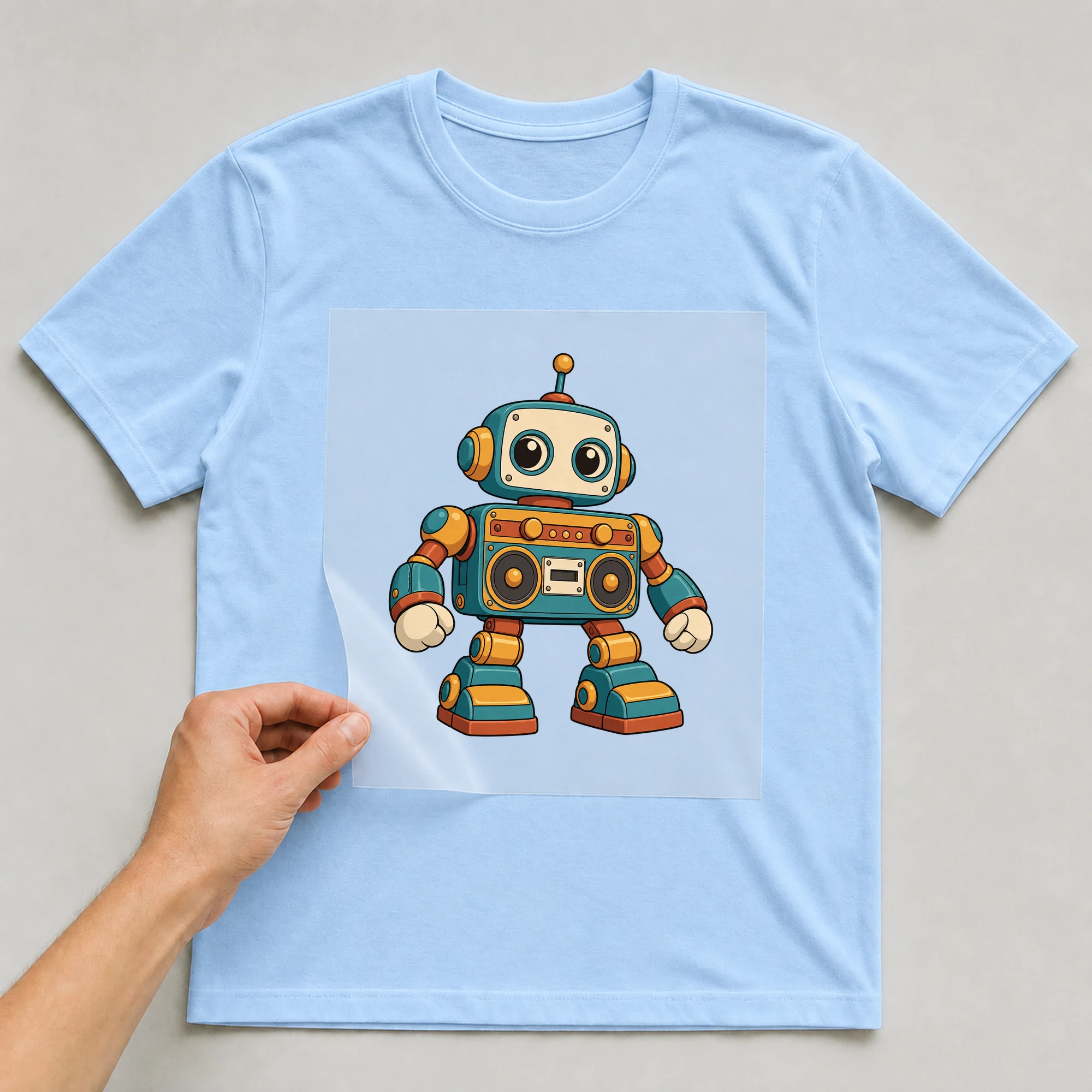 Bügelbild „Ghettoblaster Roboter“ auf babyblauem T-Shirt, Folie wird aufgelegt